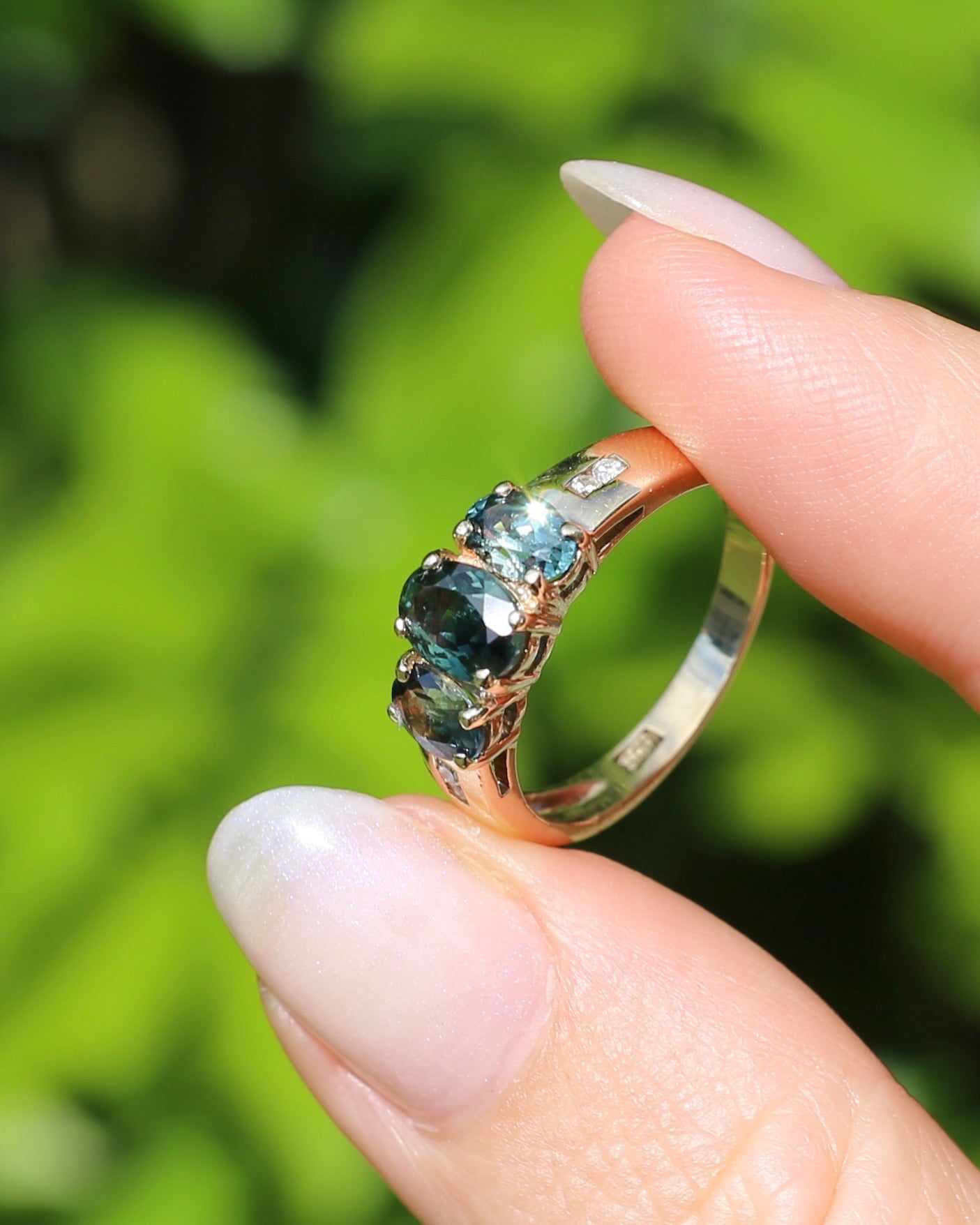 2.1ct Parti Sapphire Trilogy with Channel Set Diamonds, in Vintage 9ct Yellow Gold Ring, size O or 7.25