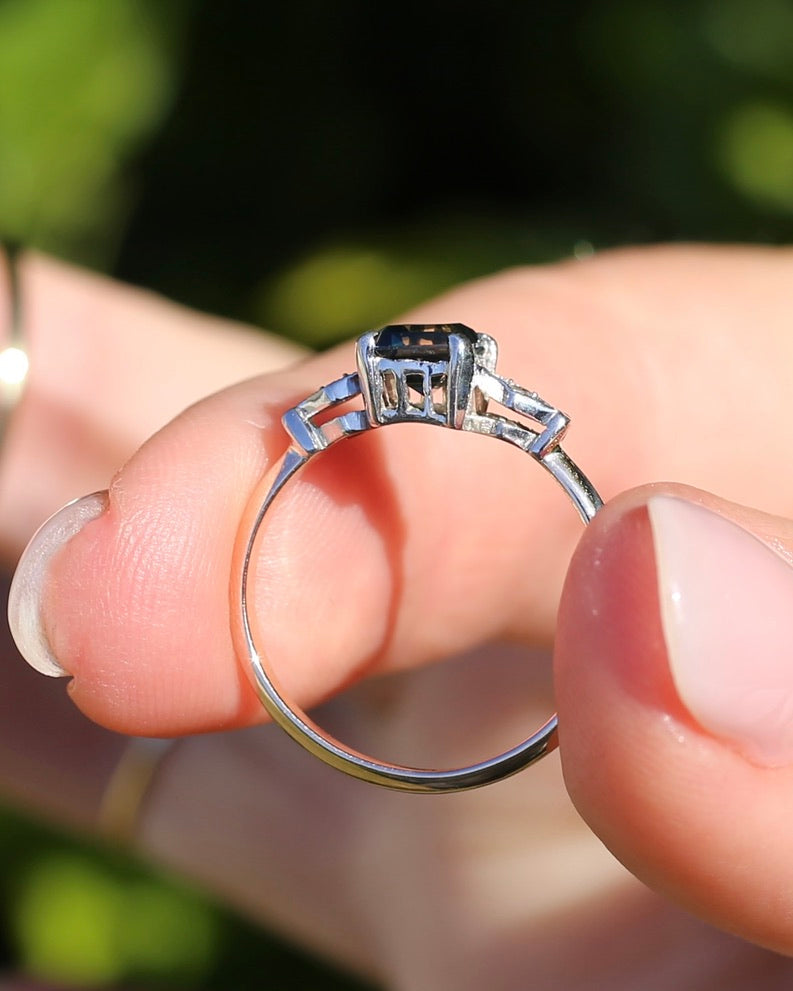 1.09ct Emerald Cut Teal Australian Sapphire With Diamonds in Vintage Trilogy Setting, 9ct Yellow and White Gold, size N1/2 or 6.75, 2.05g