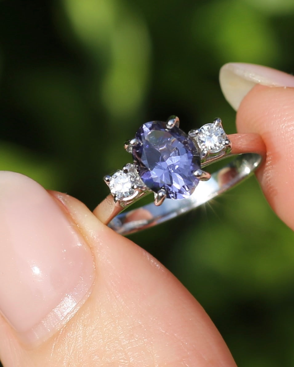 1.05ct Hand Cut Australian Iolite and Diamond Trilogy, 9ct White Gold, Size N or 6.75, 3.05g