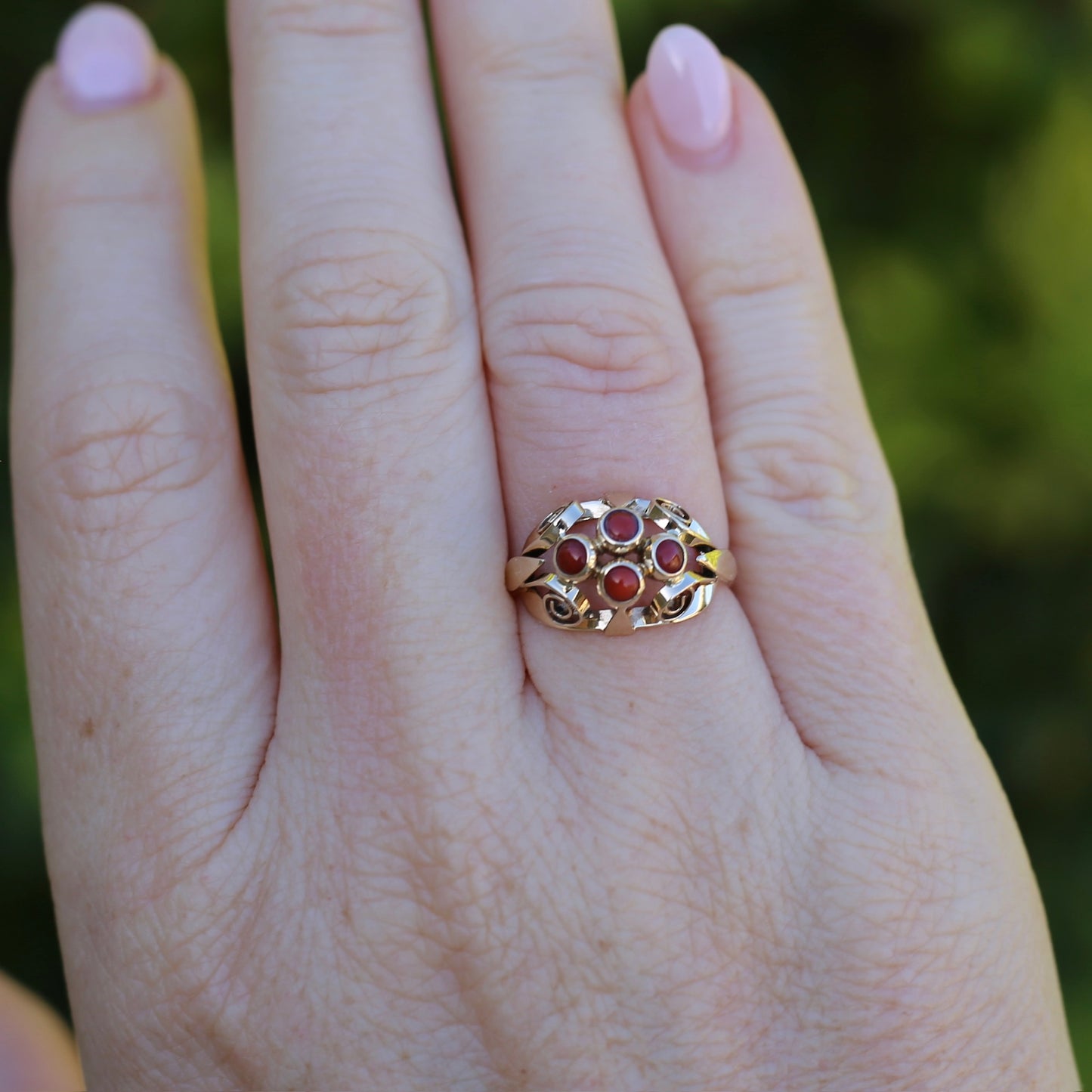 Vintage Dutch Four Stone Coral Cabochon Filigree Ring, 14ct Yellow Gold, size N1/2 or 7