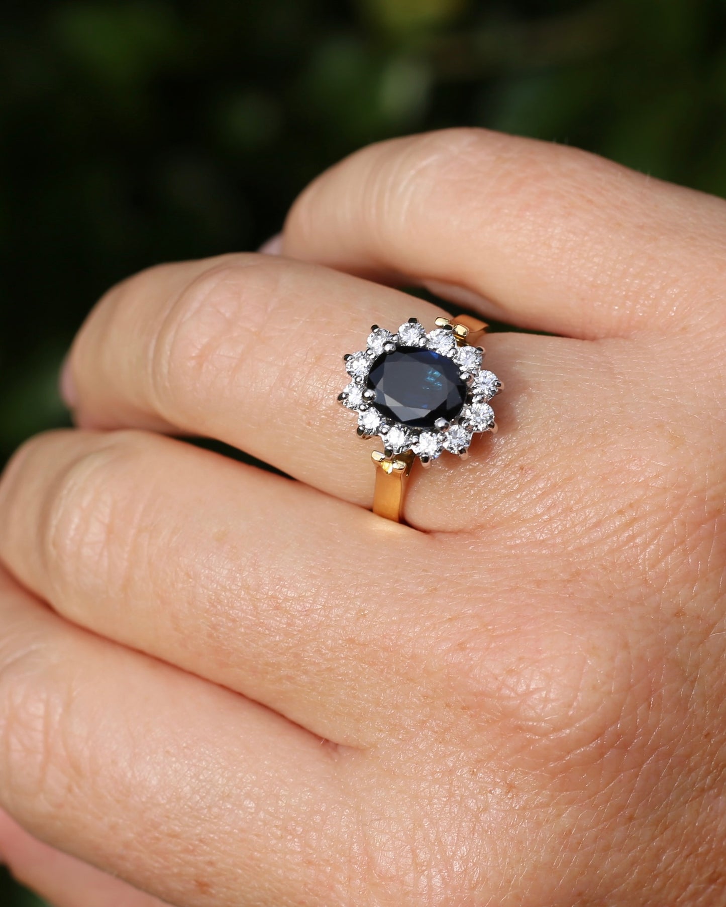 Vintage c1980s Diana Halo, Natural Sapphire and Diamond Halo, 18ct Yellow and White Gold, size P or 7.75 with valuation
