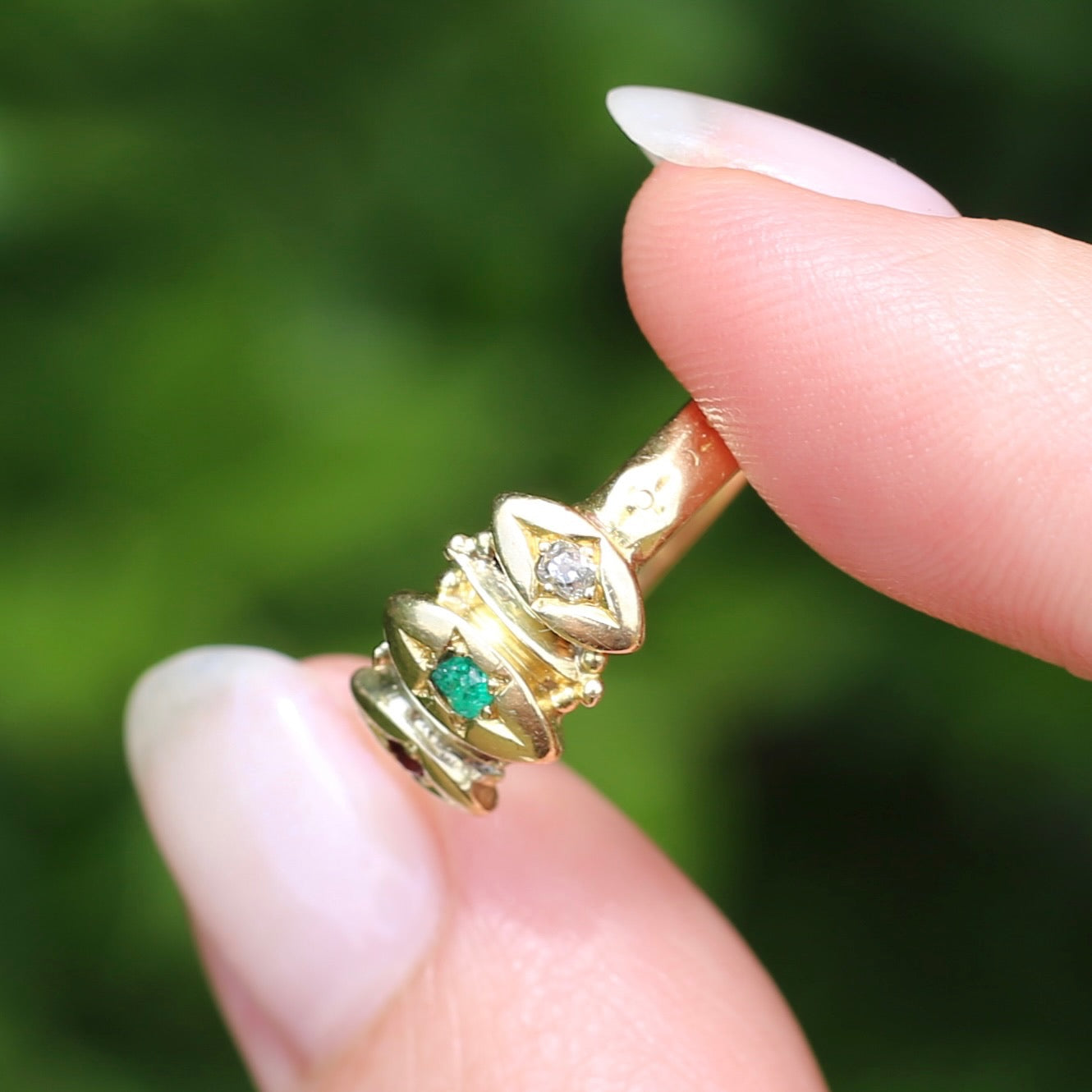 Antique Conversion Ring, Old Cut Emerald, Ruby and Diamond, 18ct Yellow Gold, size P or 7.5