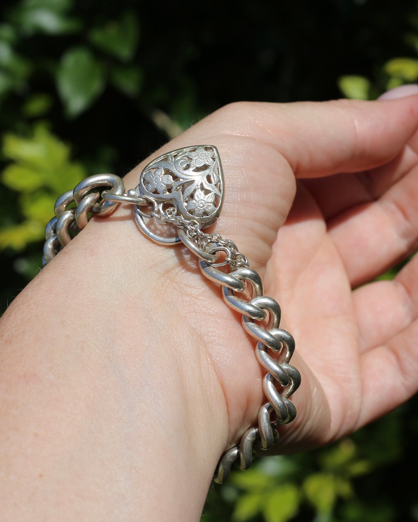 Chunky Curb and Filigree Heart Padlock Bracelet, Sterling Silver, 60.2g