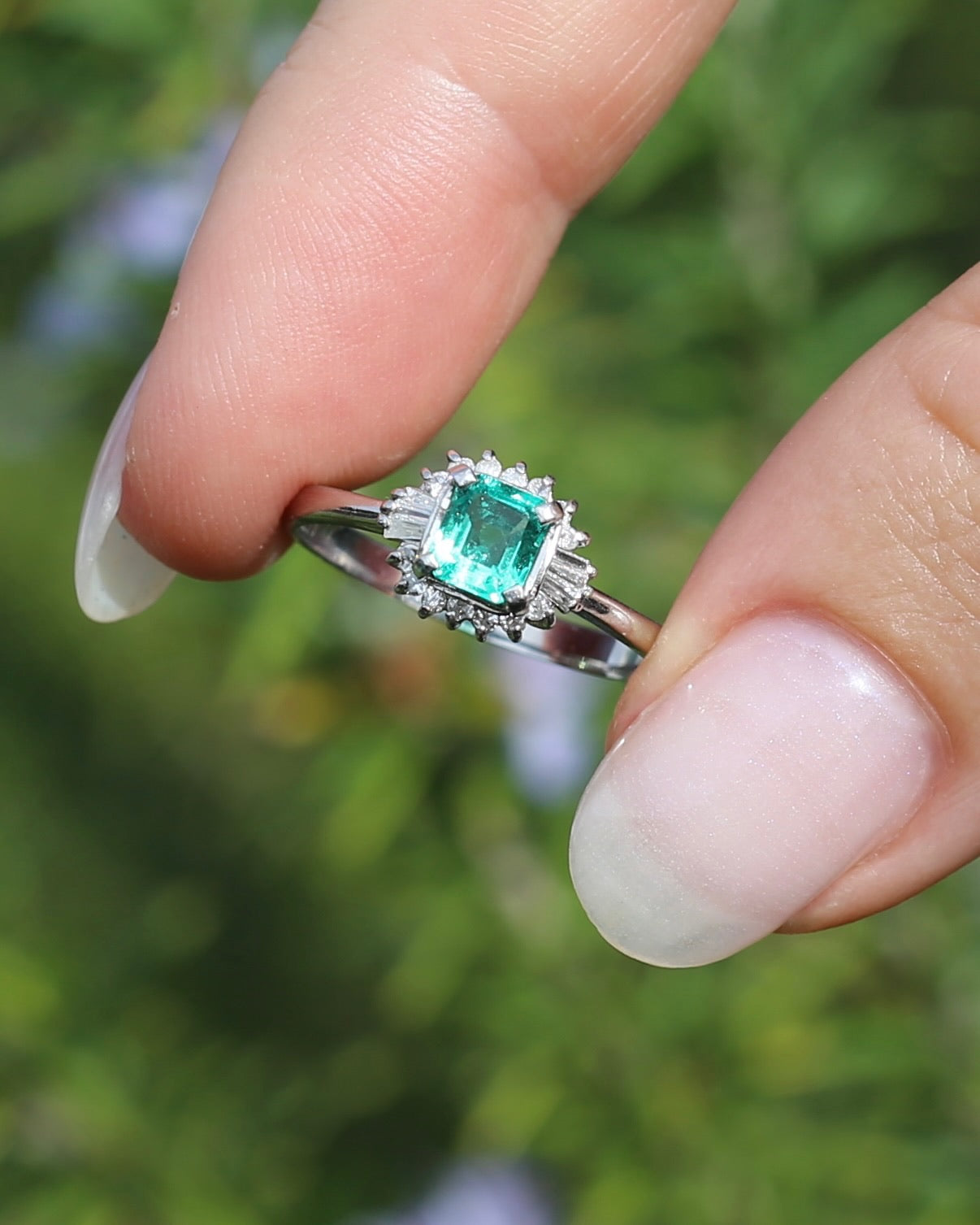 Natural Square Step Cut Emerald and Diamond Baguette Ballerina Skirt, Platinum Ring, size O or 7.25