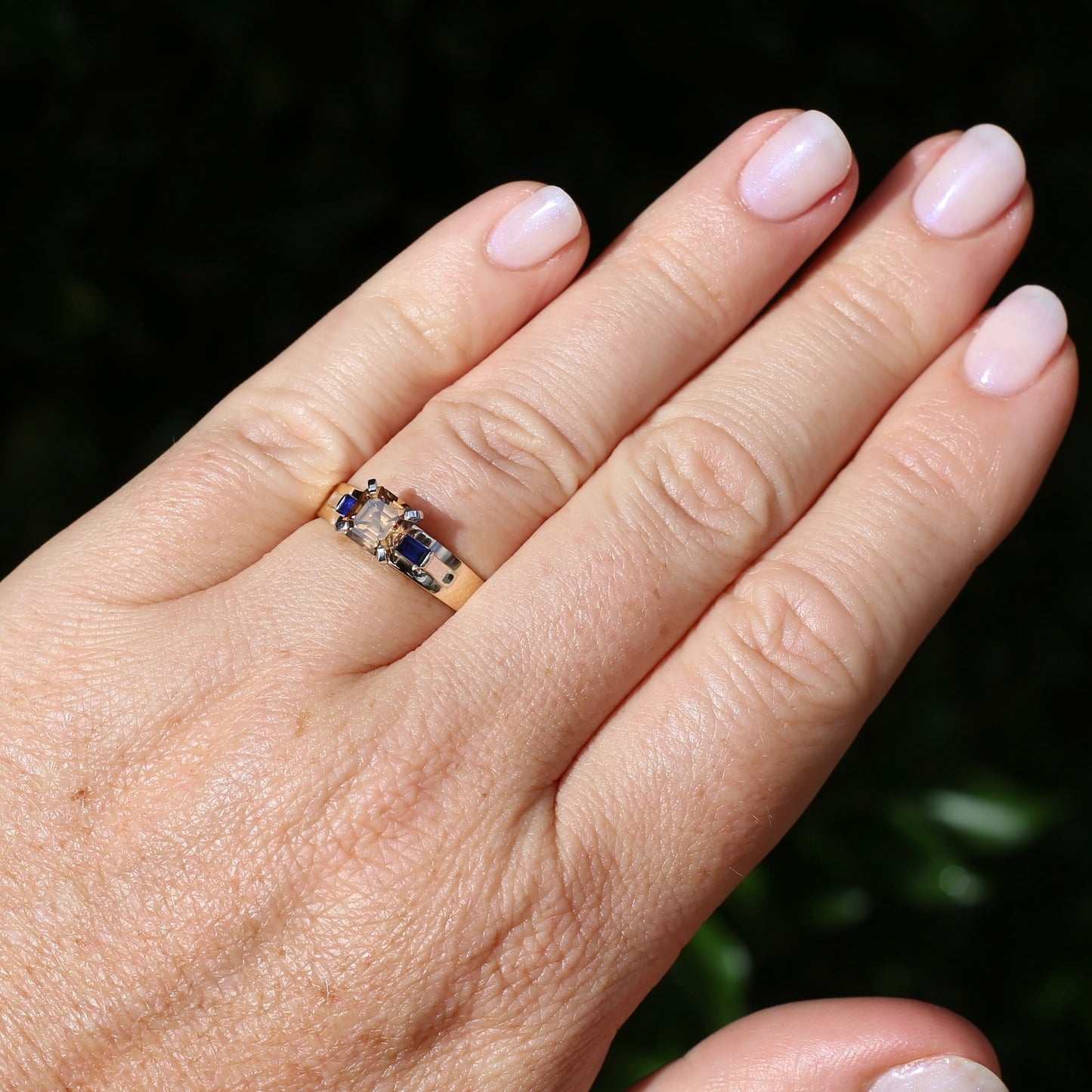 1.74ct Asscher Cut Cognac Zircon with Baguette Synthetic Sapphires in Mixed White and Yellow Gold 9ct Ring, size 8.75 or just over R