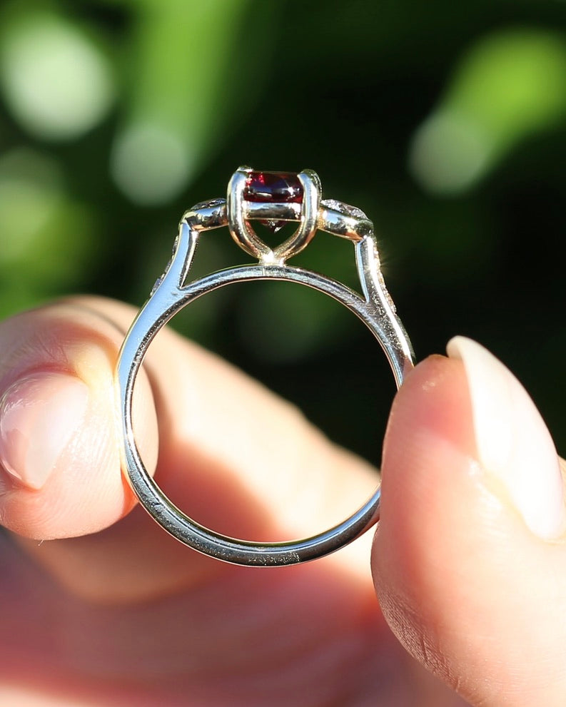 East African Rhodolite Garnet and Diamond Dais Trilogy, 9ct Yellow Gold, size S or 9.25