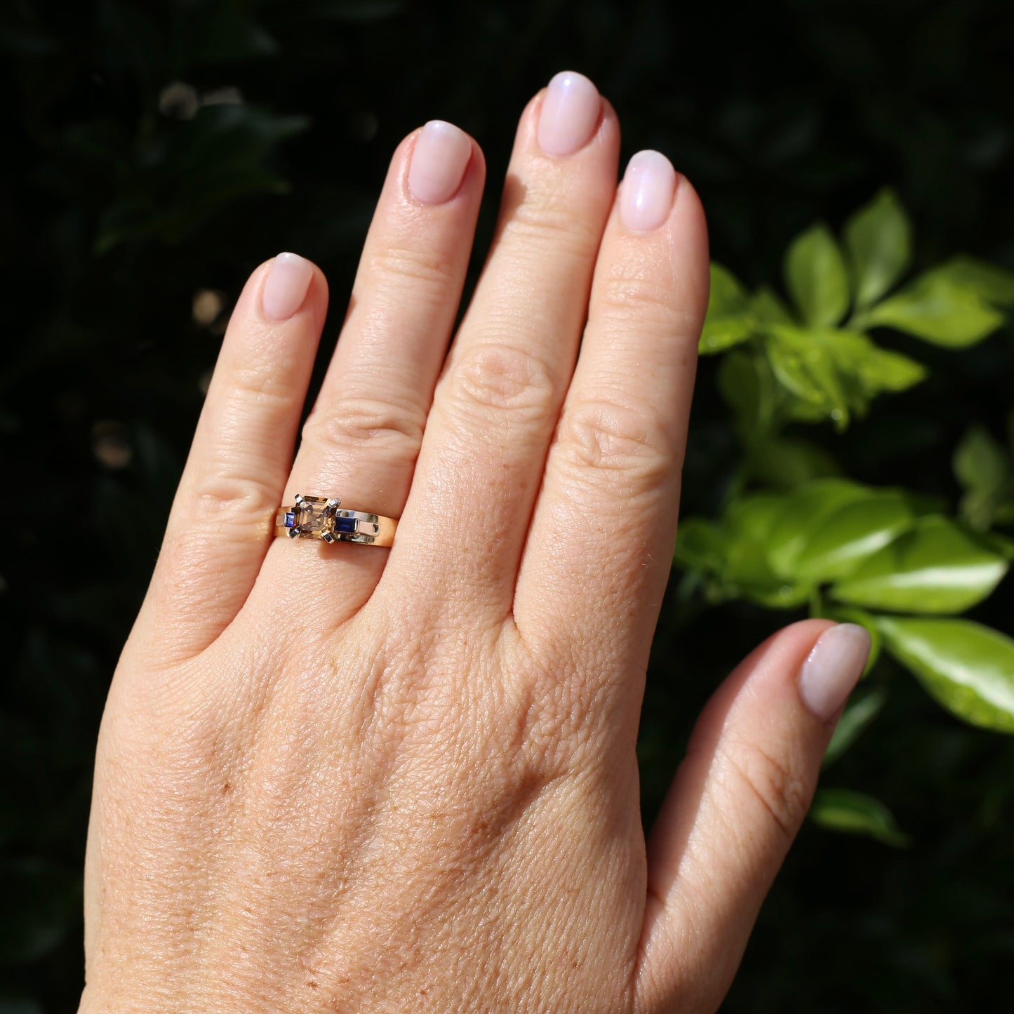 1.74ct Asscher Cut Cognac Zircon with Baguette Synthetic Sapphires in Mixed White and Yellow Gold 9ct Ring, size 8.75 or just over R