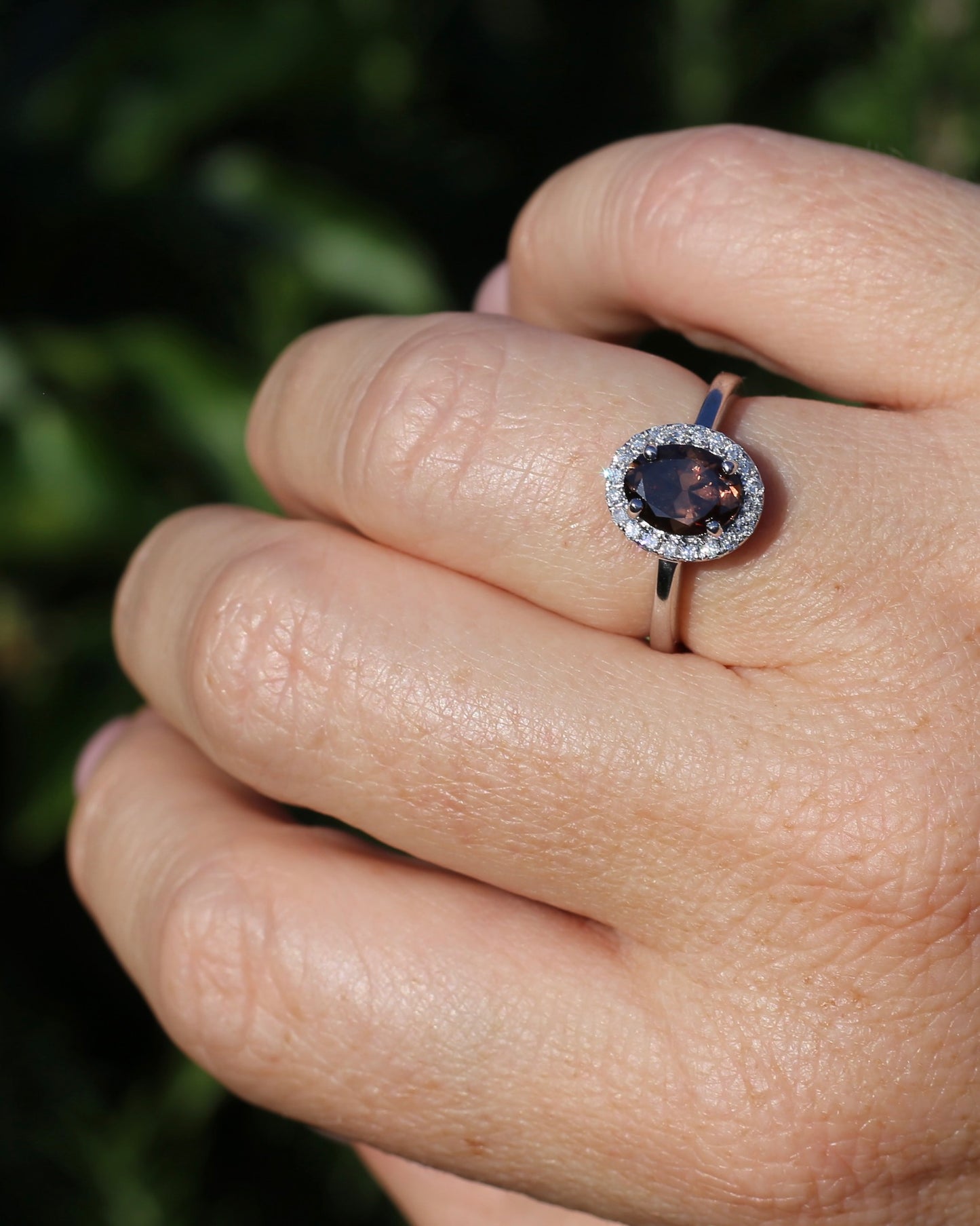 1.82ct Chocolate Australian Zircon with Diamond Halo, 14ct White Gold, size N or 6.75, 3.34g