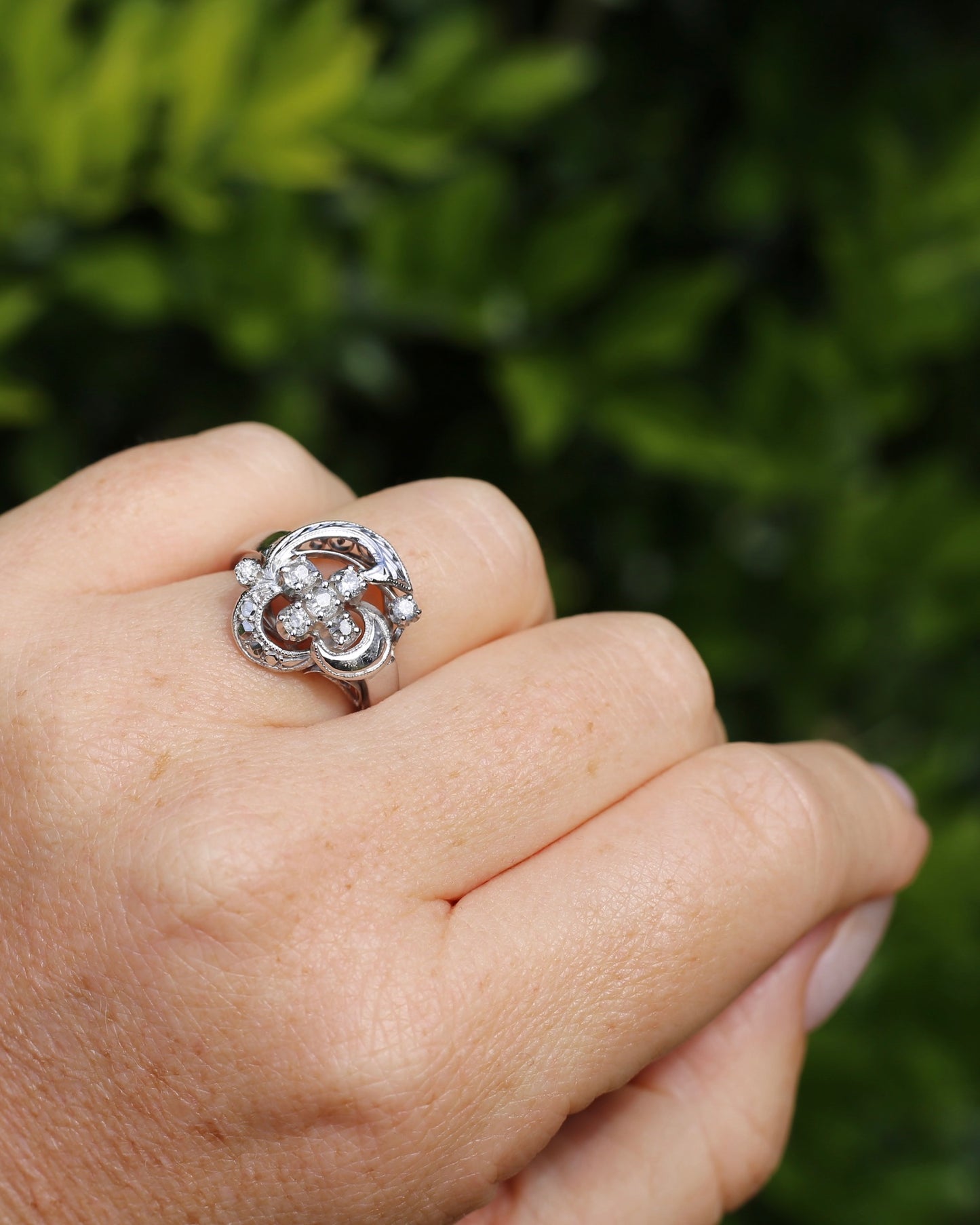 Old Cut and Early Brilliant Cluster Clover Ring, 9ct White Gold, size O or 7