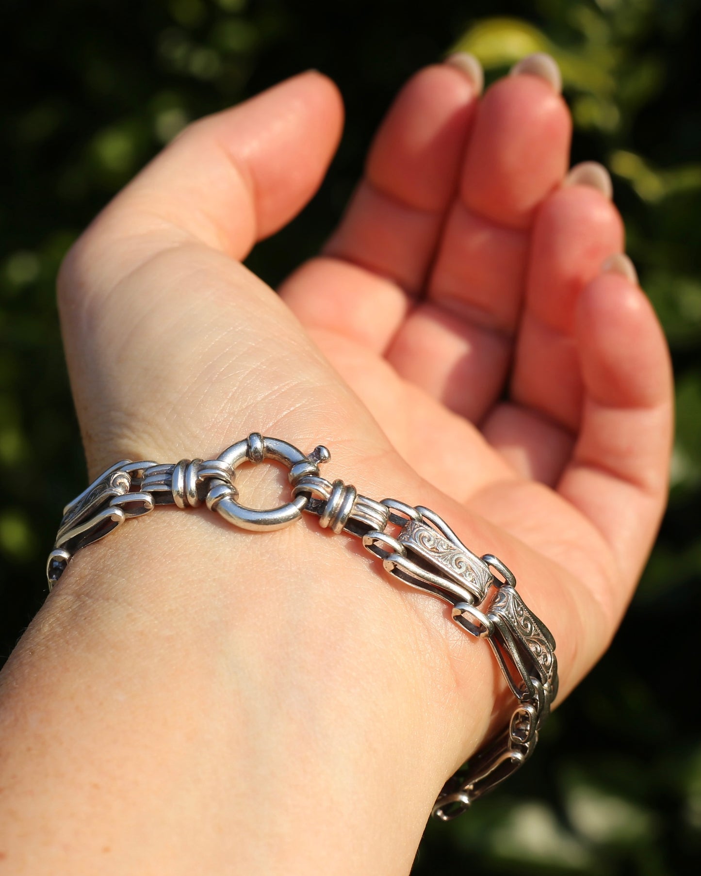 Fancy Link Engraved Bracelet, Sterling Silver, With Italian Bolt Clasp, 24.3g, 19cm