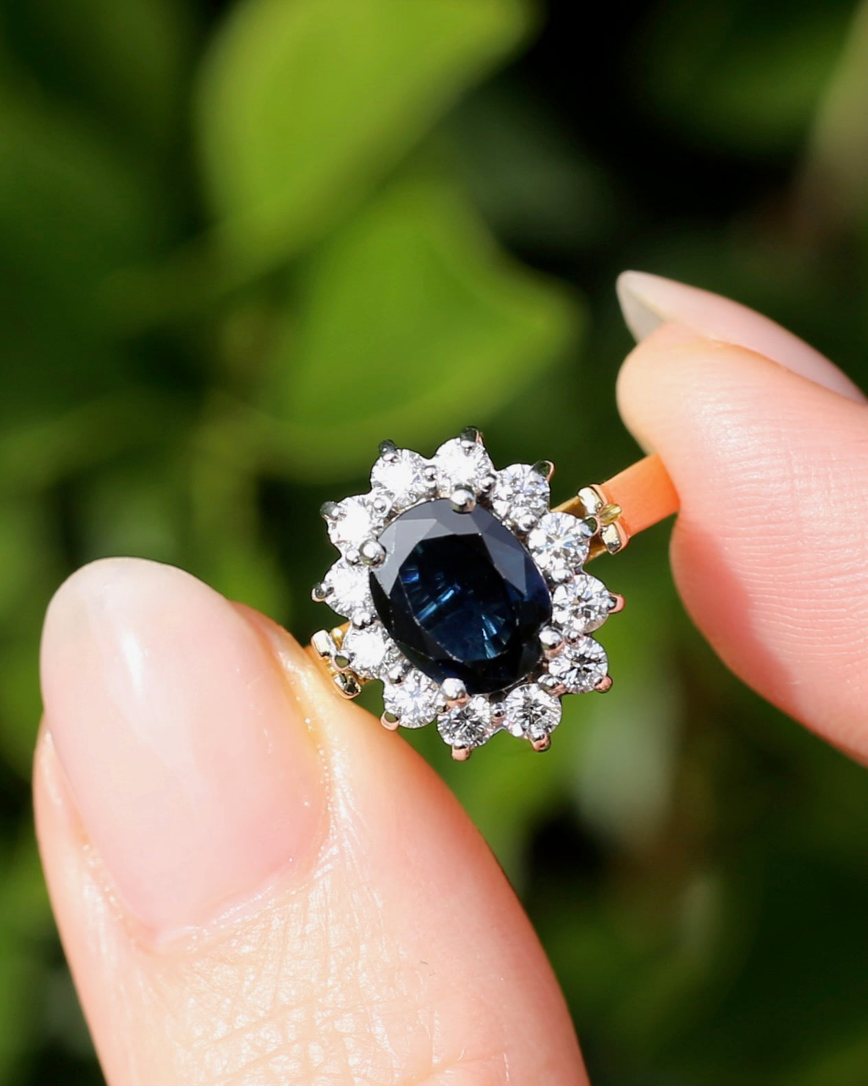 Vintage c1980s Diana Halo, Natural Sapphire and Diamond Halo, 18ct Yellow and White Gold, size P or 7.75 with valuation