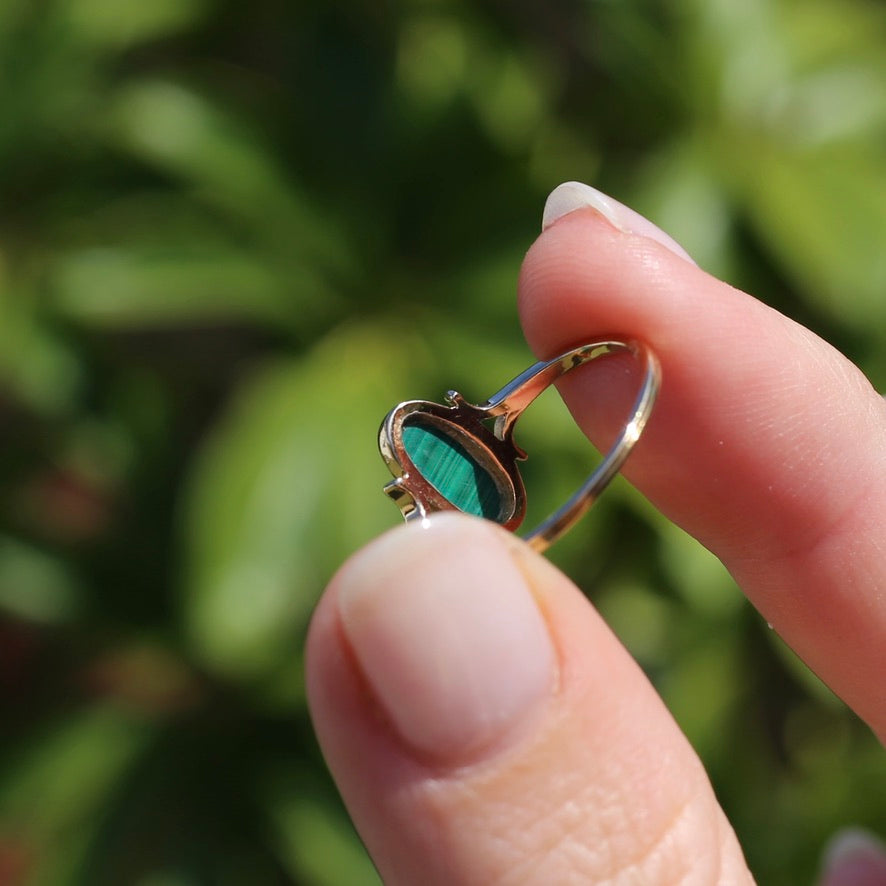 Second Glance - Bezel Set Oval Malachite Ring, 9ct Yellow Gold, size 8 or Q