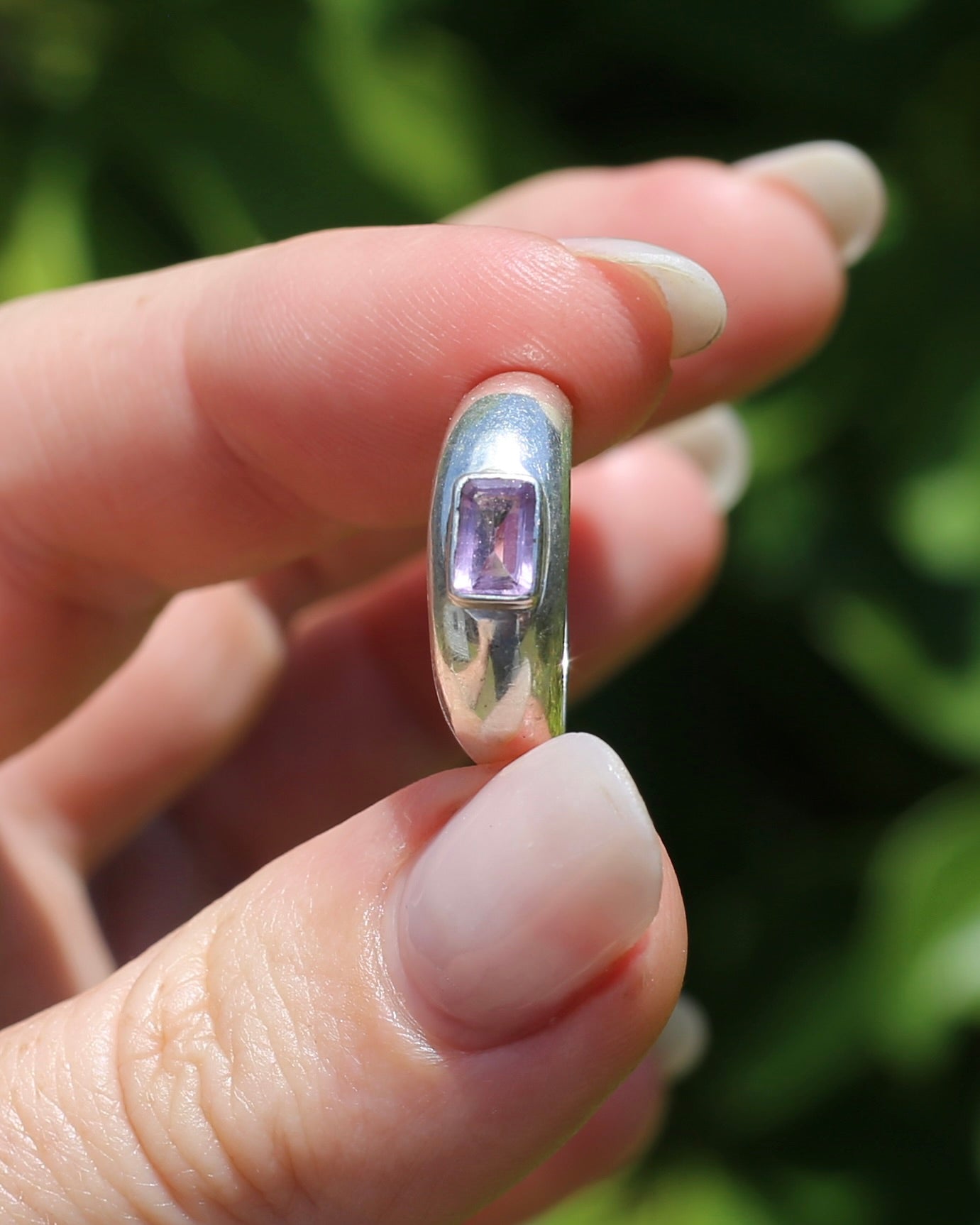 Chunky Emerald Cut Amethyst East West Bezel Set Ring, Sterling Silver, size O or 7.25, 6.1g