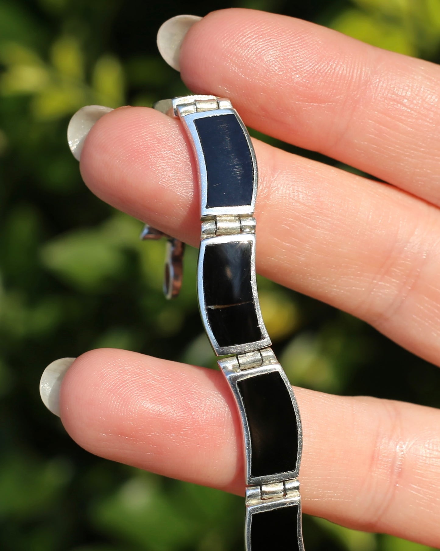 Black Panel Wavey Silver Bracelet, Sterling Silver, 18.3g, 19cm