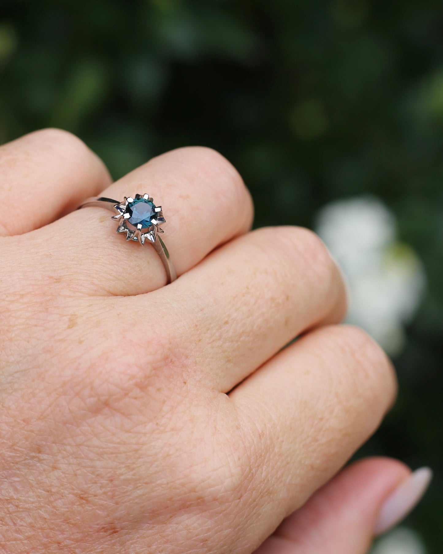 Teal and Bluey Purple Parti Sapphire Solitaire, 18ct White Gold, size R or 8.5