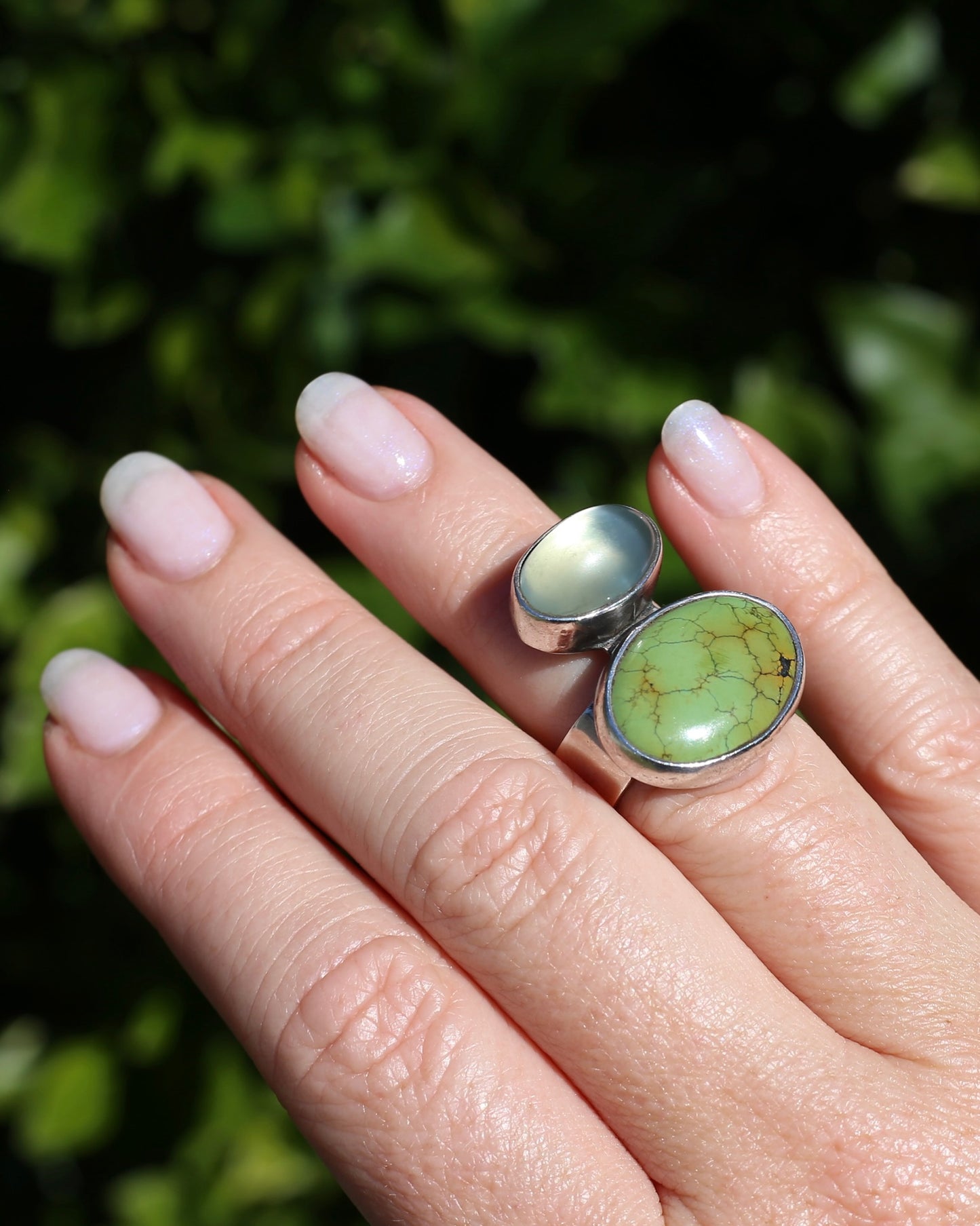 Vintage Green Turquoise and Moonstone Ring, Sterling Silver, size M or 6.25
