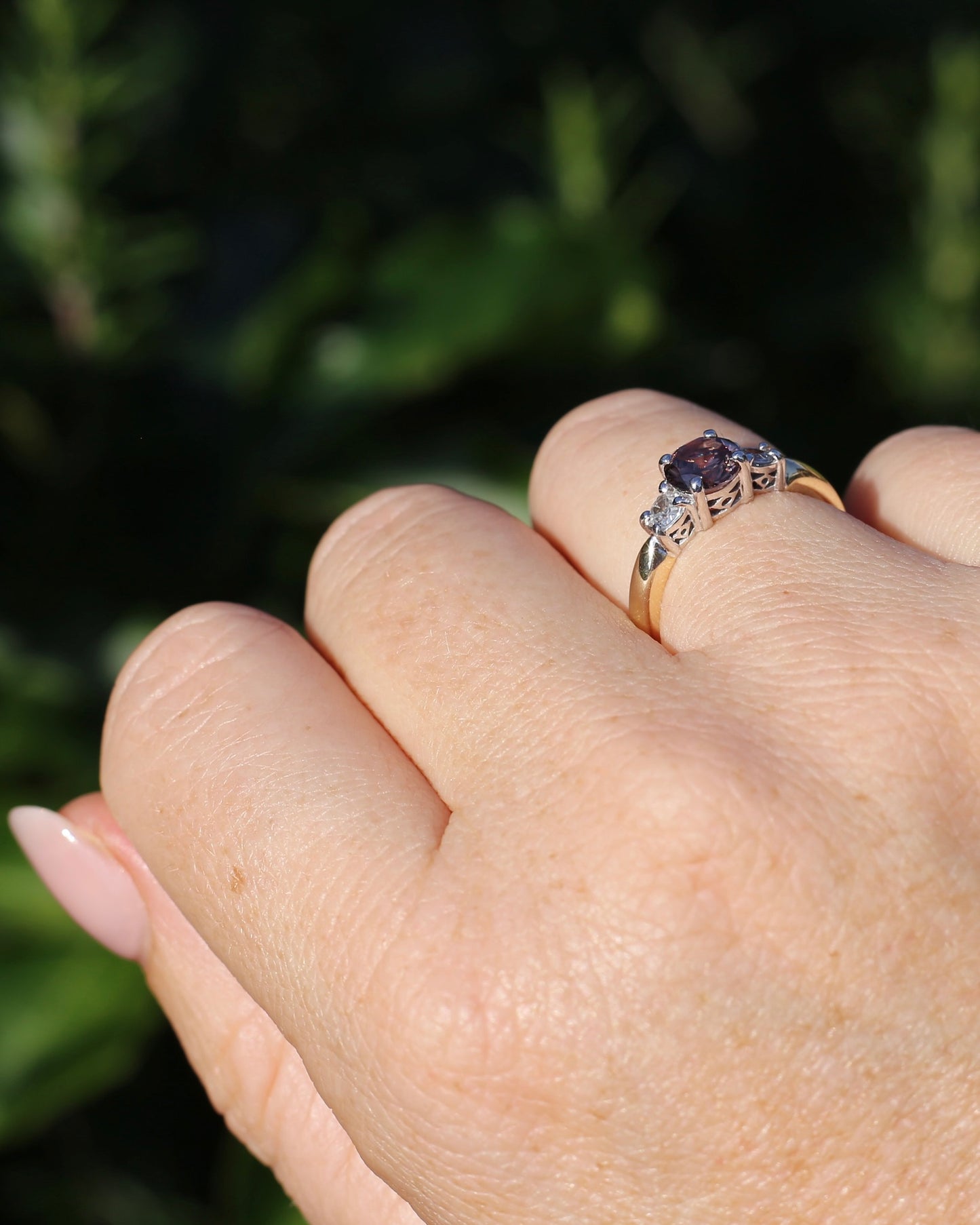 1.31ct Natural Caramel Zircon and Old Cut White Zircon Trilogy Ring, 9ct Gold, size N1/2 or just under 7, 3.72g