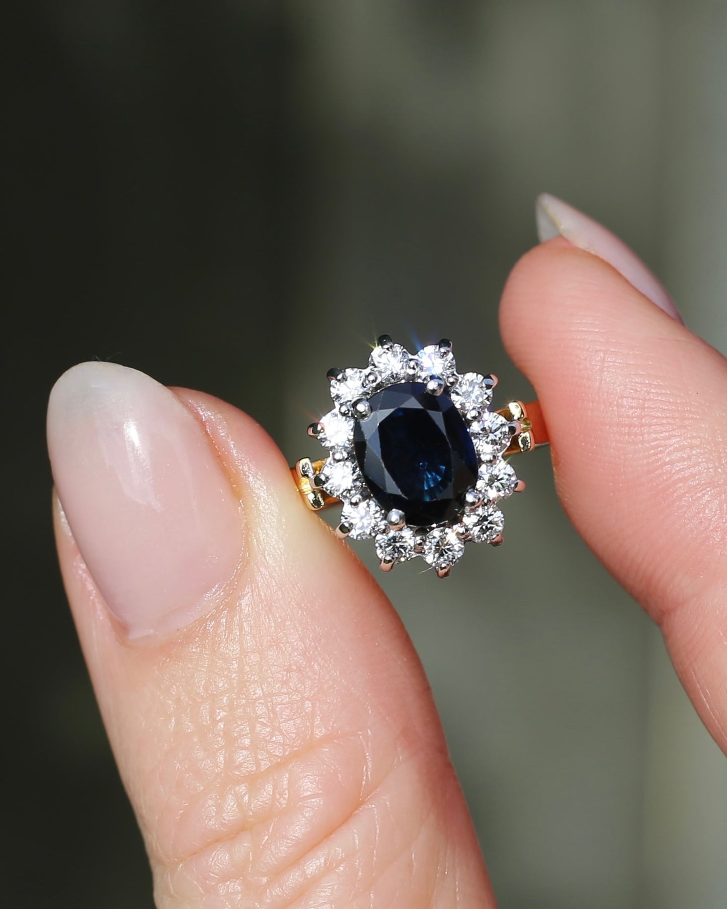 Vintage c1980s Diana Halo, Natural Sapphire and Diamond Halo, 18ct Yellow and White Gold, size P or 7.75 with valuation