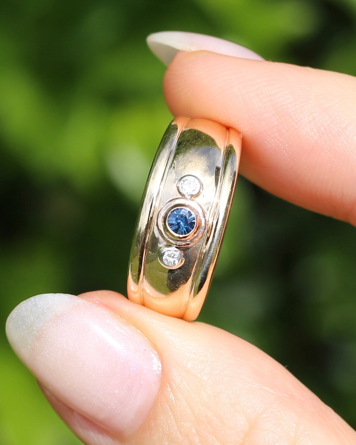 Bezel Set Parti Sapphire and Diamond Trilogy, Chunky Yellow Gold, size O1/2 or 7.5 (will fit smaller due to width)