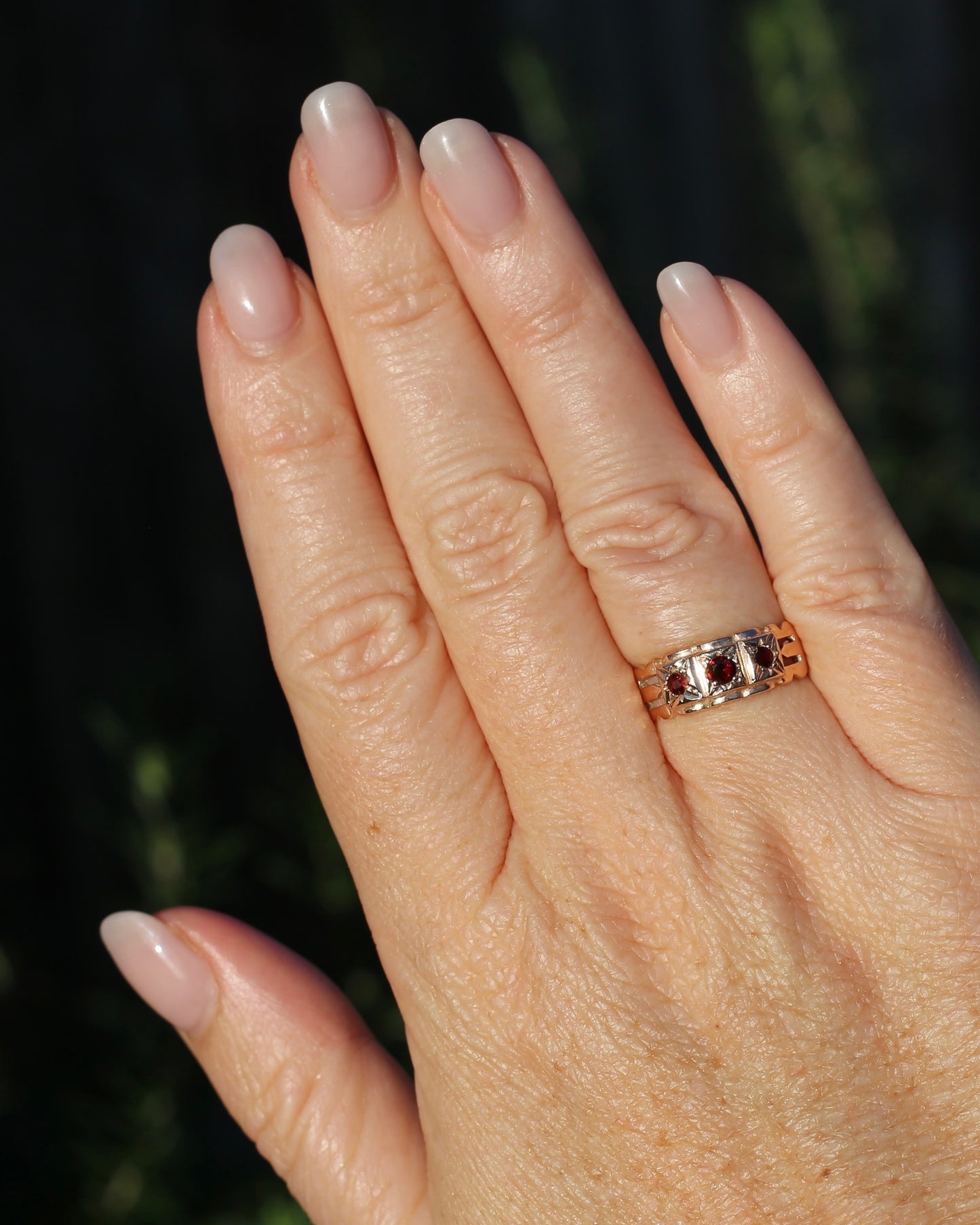 Vintage Victorian Revival Garnet Trilogy Star Set Ring, 9ct Rosey Gold, size P or 7.75, 3.16g