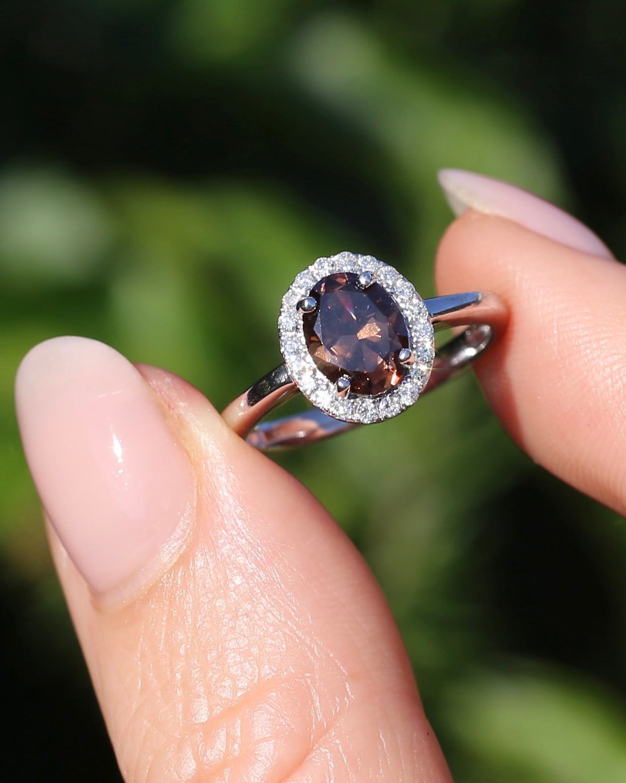 1.82ct Chocolate Australian Zircon with Diamond Halo, 14ct White Gold, size N or 6.75, 3.34g