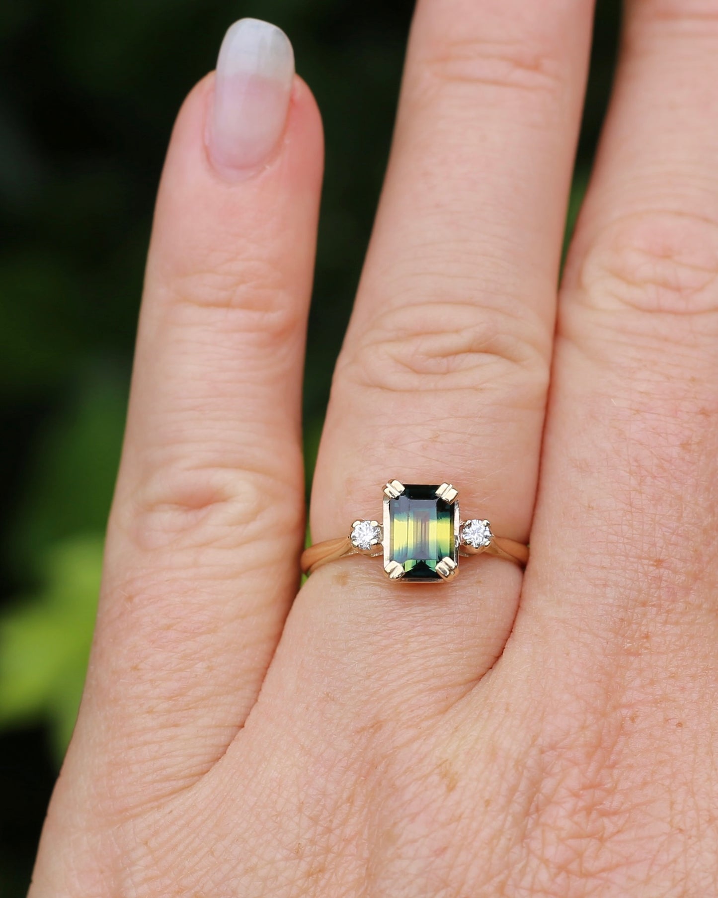 Vintage 1.5ct Emerald Cut Parti Sapphire and Diamond trilogy, 9ct Yellow Gold, size N or 6.75
