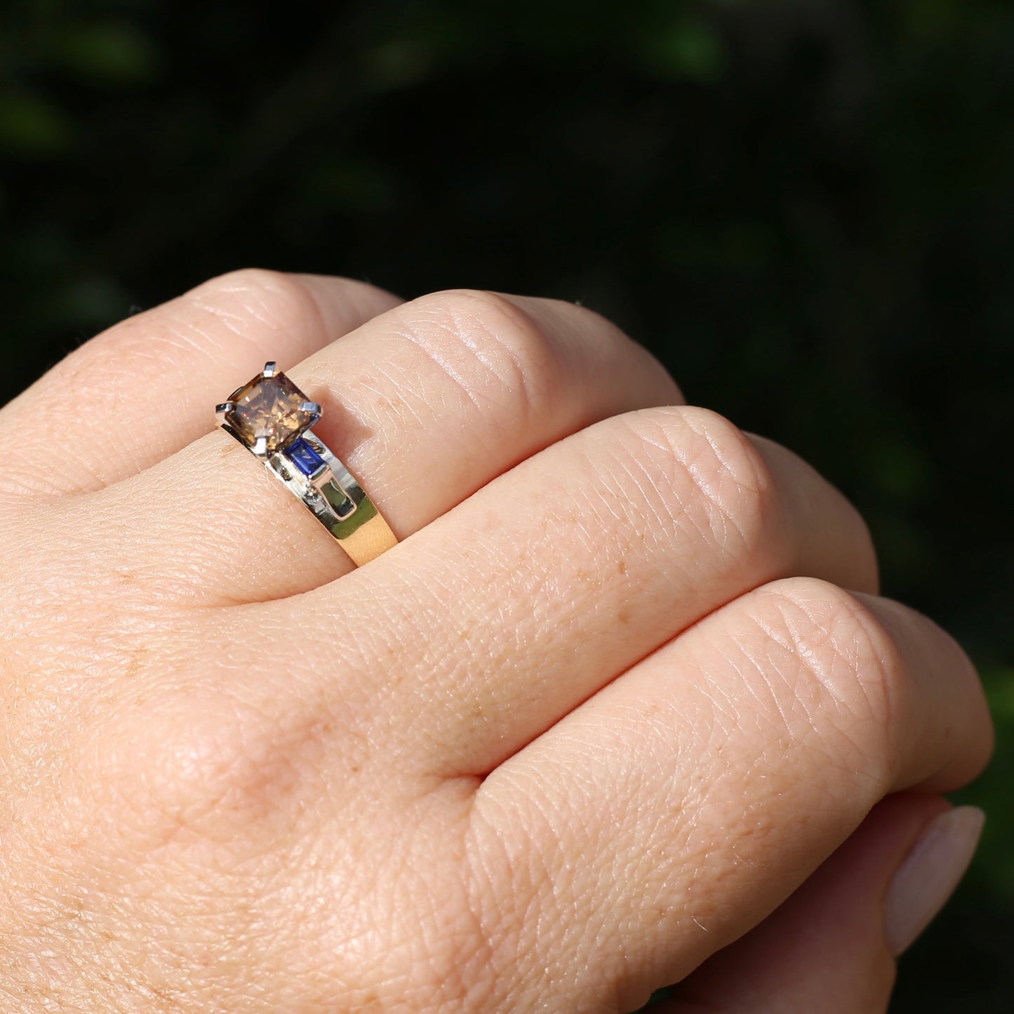 1.74ct Asscher Cut Cognac Zircon with Baguette Synthetic Sapphires in Mixed White and Yellow Gold 9ct Ring, size 8.75 or just over R