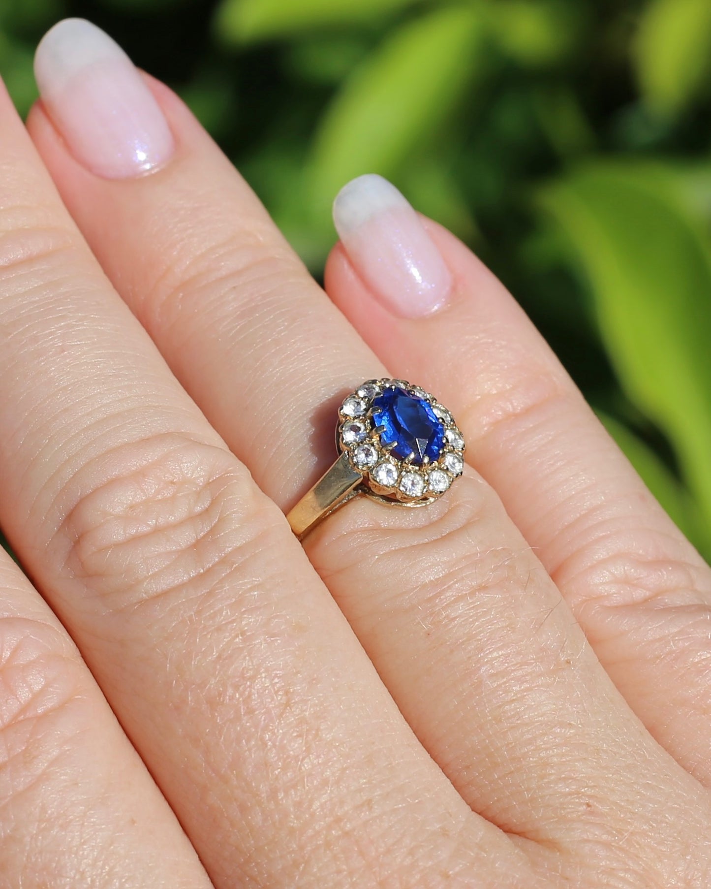 Synthetic Spinel and White Quartz Halo, 9ct Yellow Gold, 1989 Made Birmigham, size N or 6.75