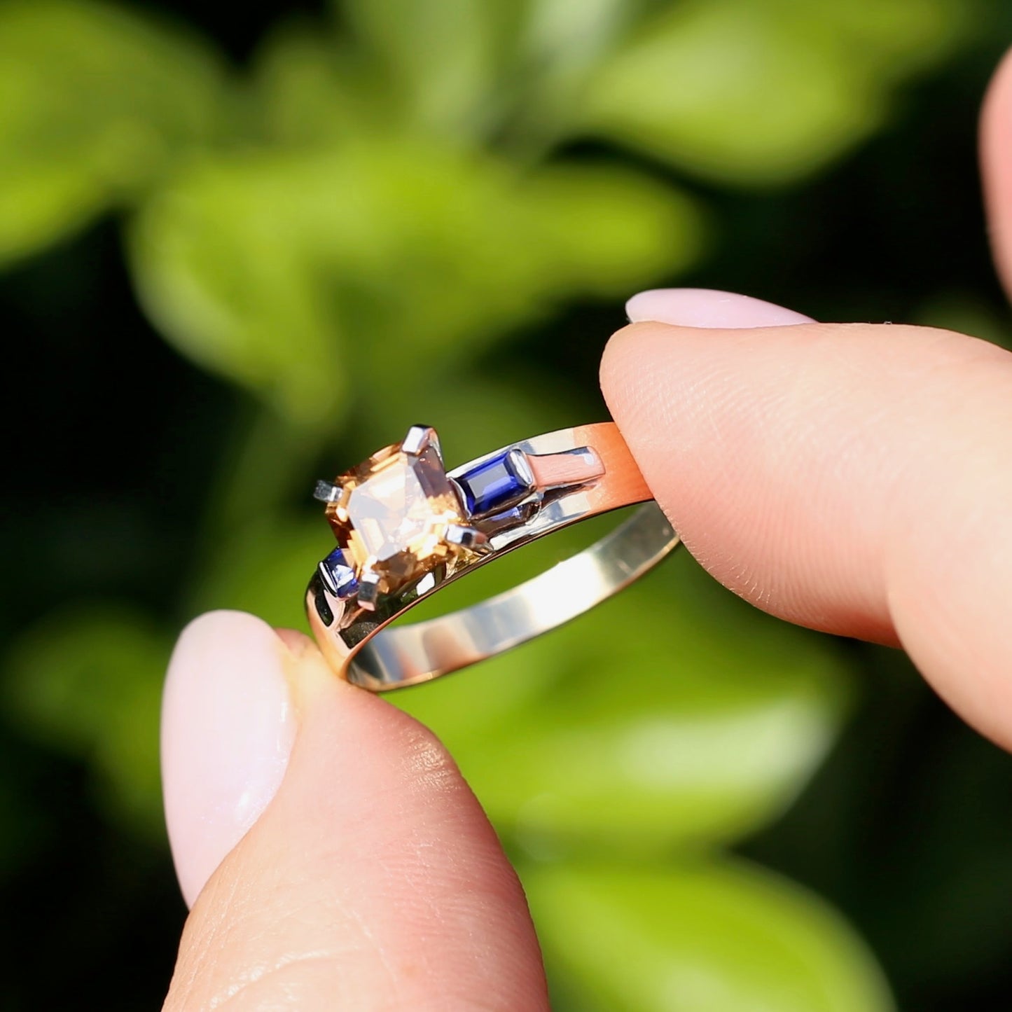 1.74ct Asscher Cut Cognac Zircon with Baguette Synthetic Sapphires in Mixed White and Yellow Gold 9ct Ring, size 8.75 or just over R
