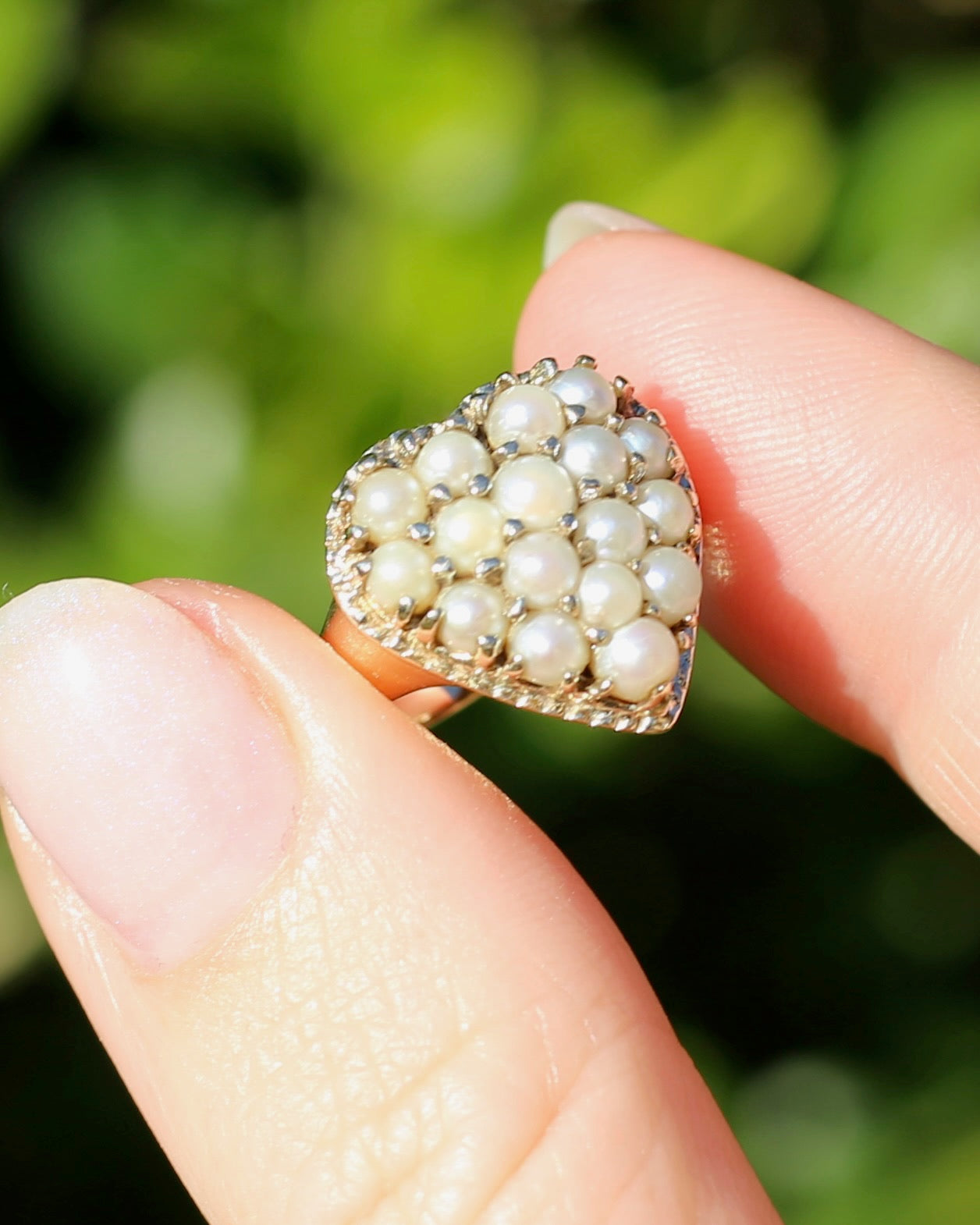 Vintage Heart Pearl Cluster Ring, 10ct Yellow Gold, size K or 5.25