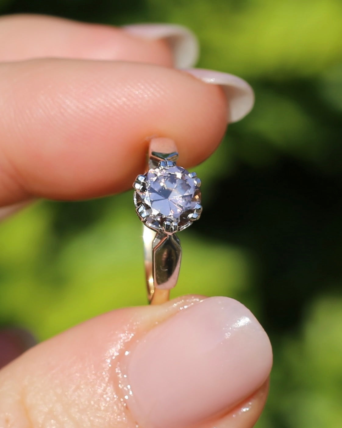 Vintage 1.86ct Pale Pink natural Zircon, 1967 London Made Double Claw Set, 9ct Yellow and White Gold, size M1/2 or 6.5, 2.8g