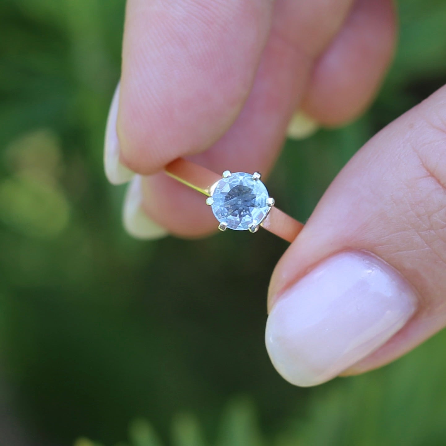 Round Natural Aquamarine Solitaire, 9ct Yellow and White Gold, size O or 7.25