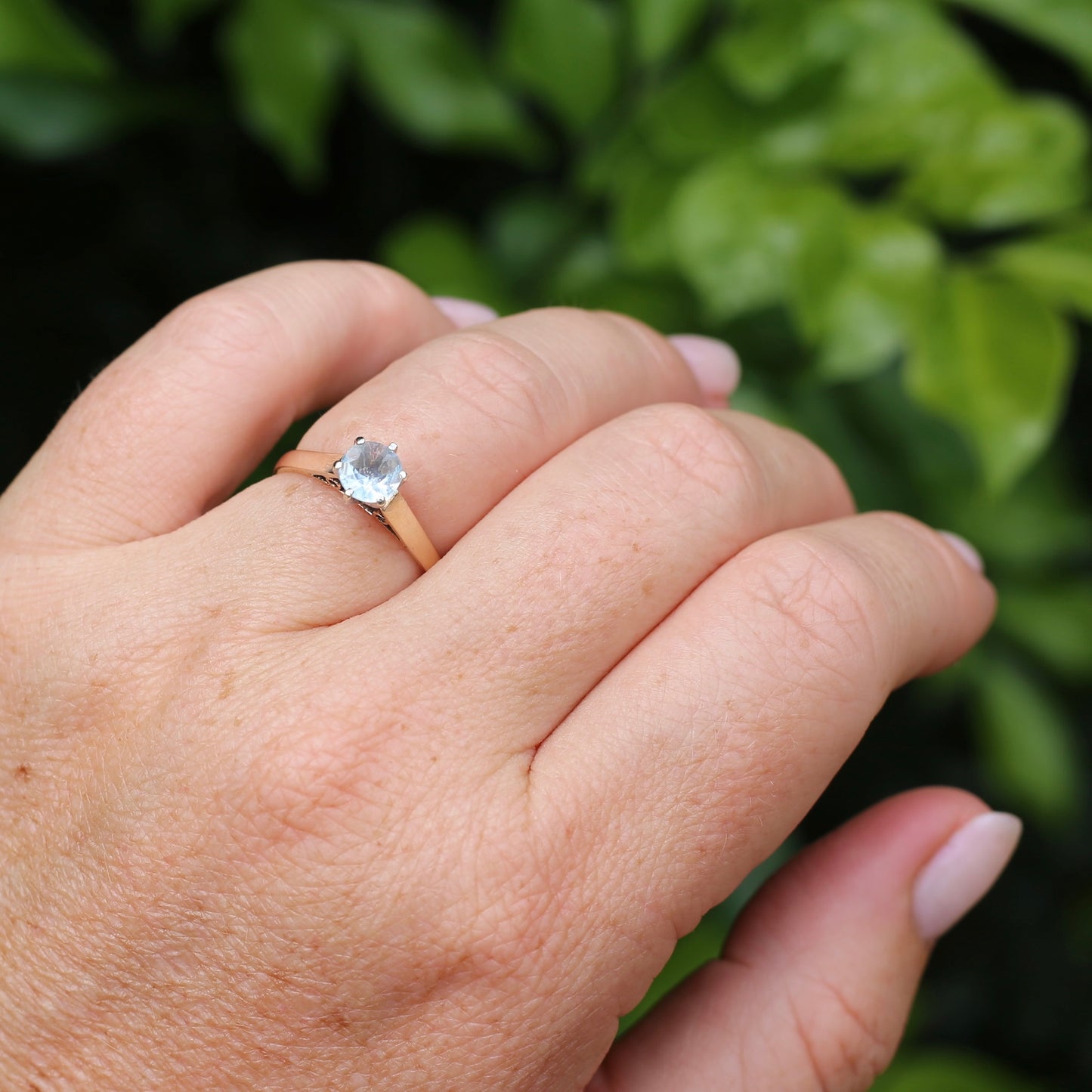 Round Natural Aquamarine Solitaire, 9ct Yellow and White Gold, size O or 7.25
