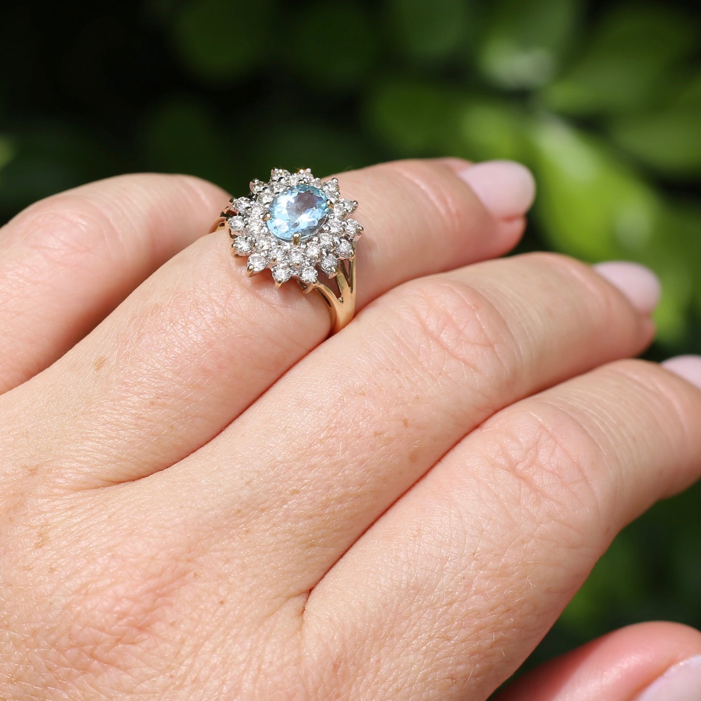 1.1ct Oval Aquamarine and Double Diamond Halo (0.88ct), 9ct White and Yellow Gold, size 6.25 or M