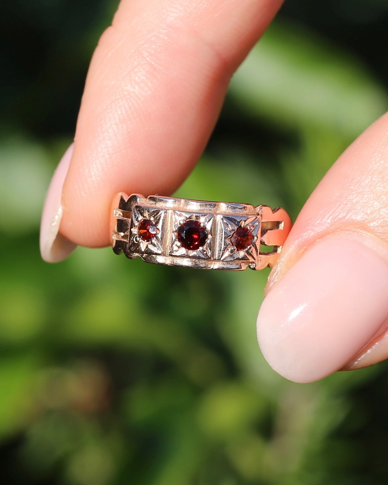 Vintage Victorian Revival Garnet Trilogy Star Set Ring, 9ct Rosey Gold, size P or 7.75, 3.16g