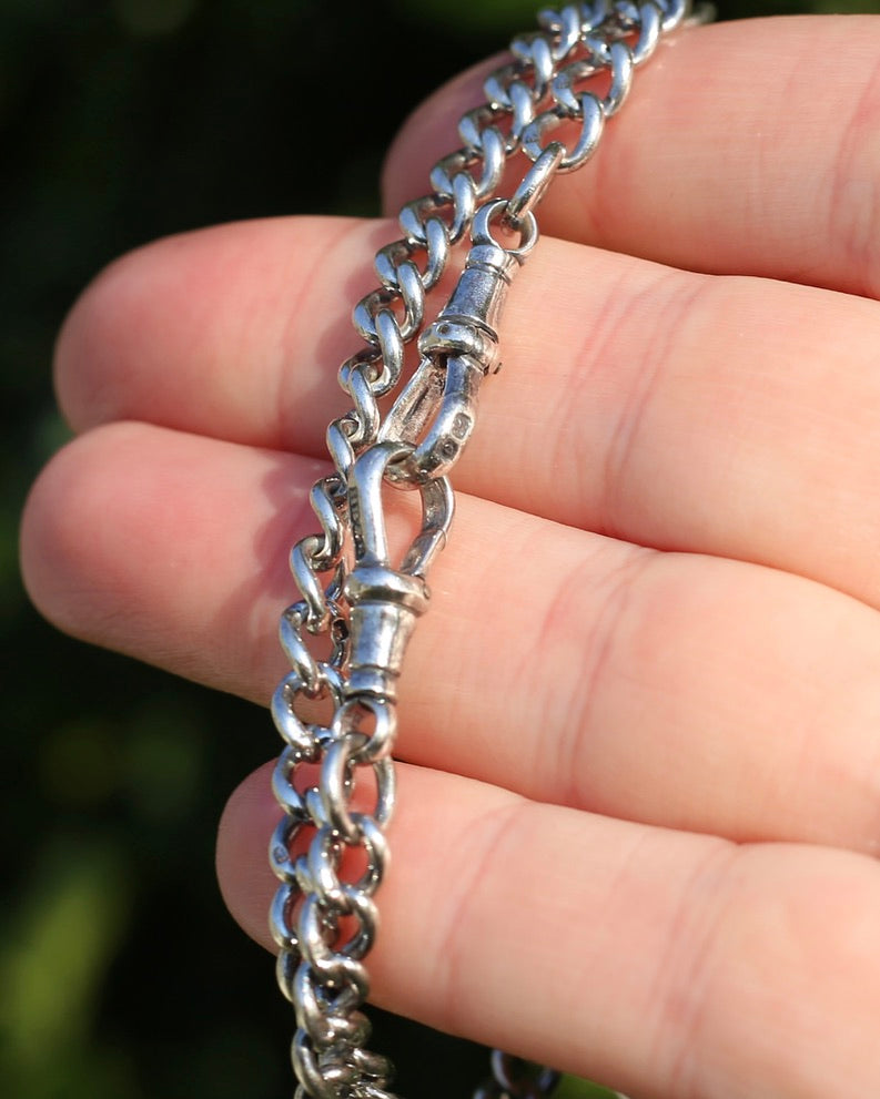 Antique 1913-1914 Birmingham Made Curb Link Watch Chain, Double Albert Clasp, Sterling Silver, 41.5cm