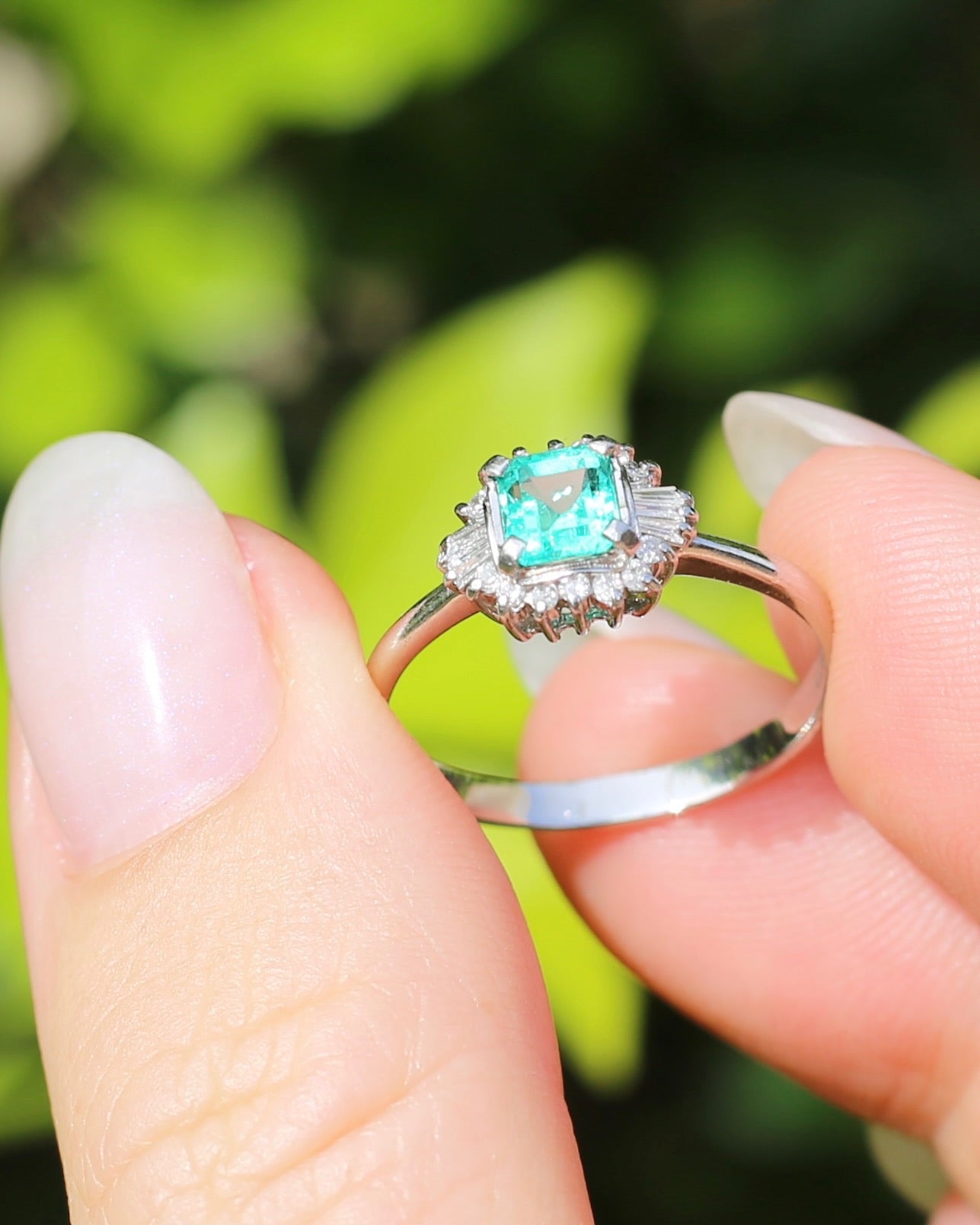 Natural Square Step Cut Emerald and Diamond Baguette Ballerina Skirt, Platinum Ring, size O or 7.25