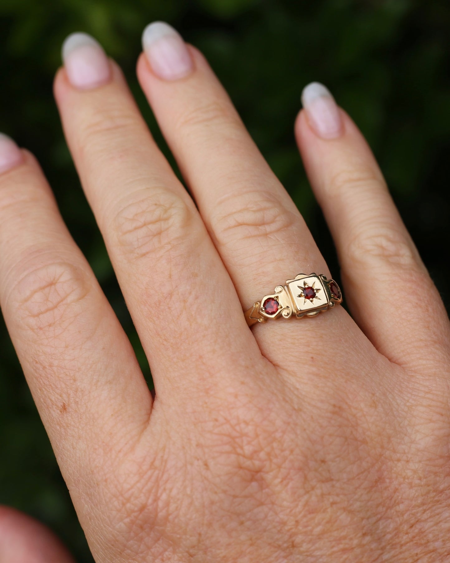 Victorian Revival Garnet Trilogy Star Set Ring, 9ct Yellow Gold, size O1/2 or just over 7.25