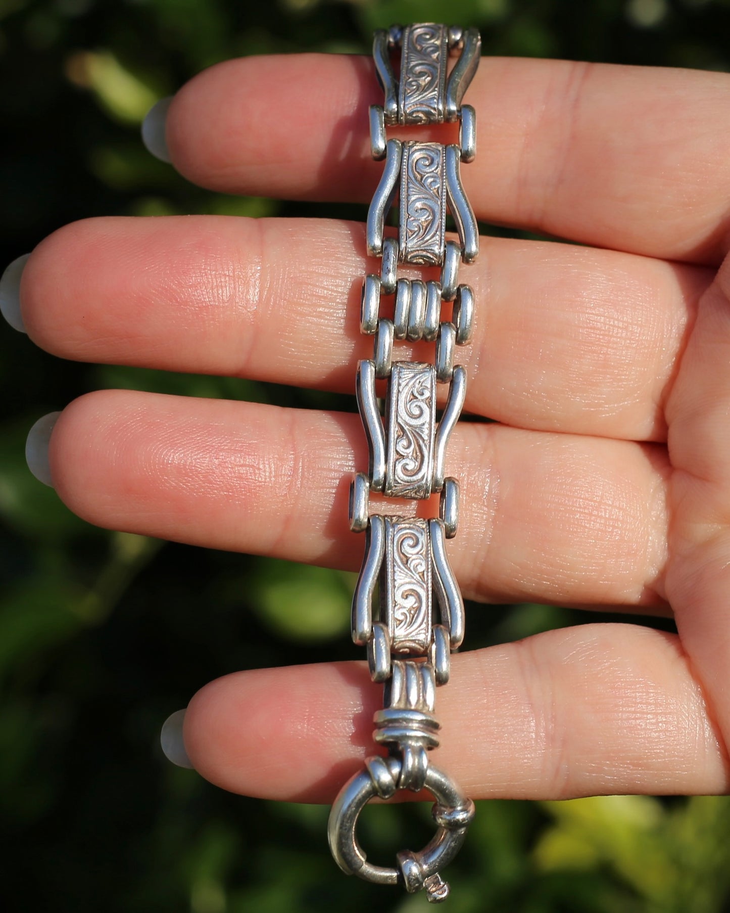 Fancy Link Engraved Bracelet, Sterling Silver, With Italian Bolt Clasp, 24.3g, 19cm