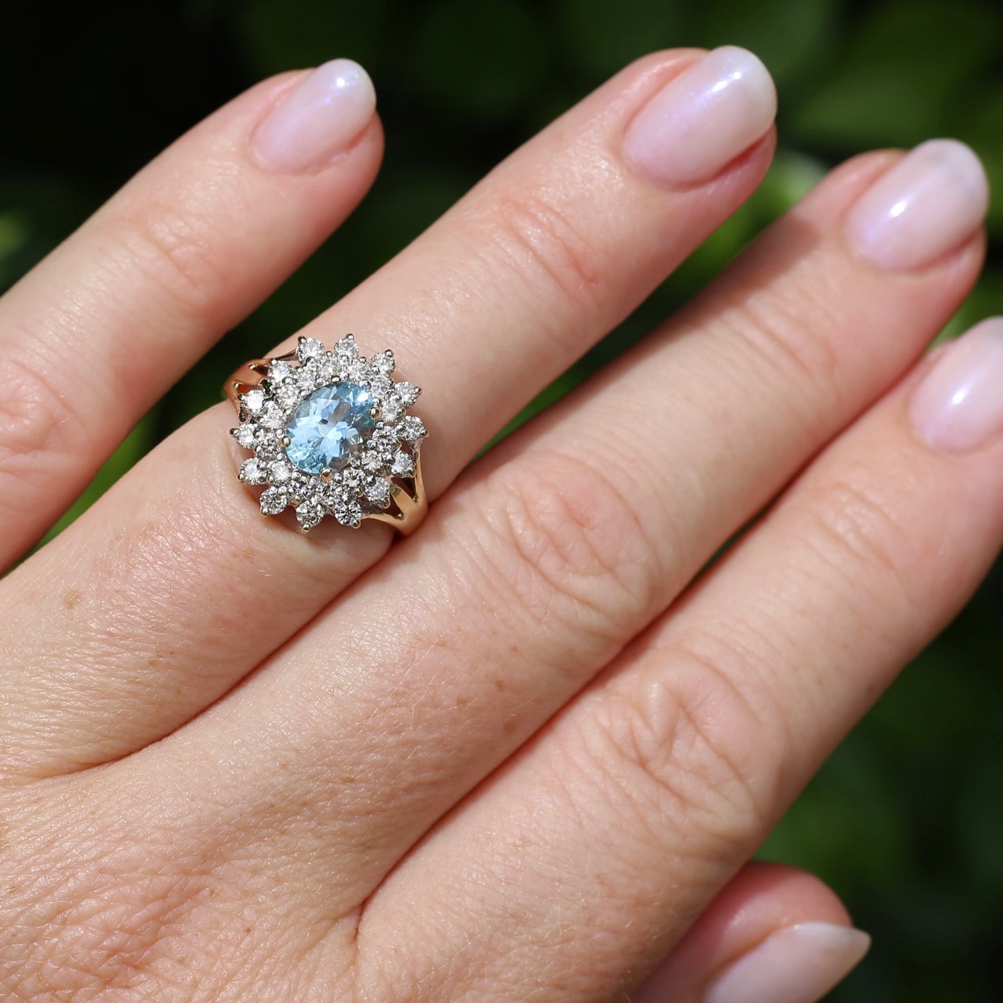 1.1ct Oval Aquamarine and Double Diamond Halo (0.88ct), 9ct White and Yellow Gold, size 6.25 or M