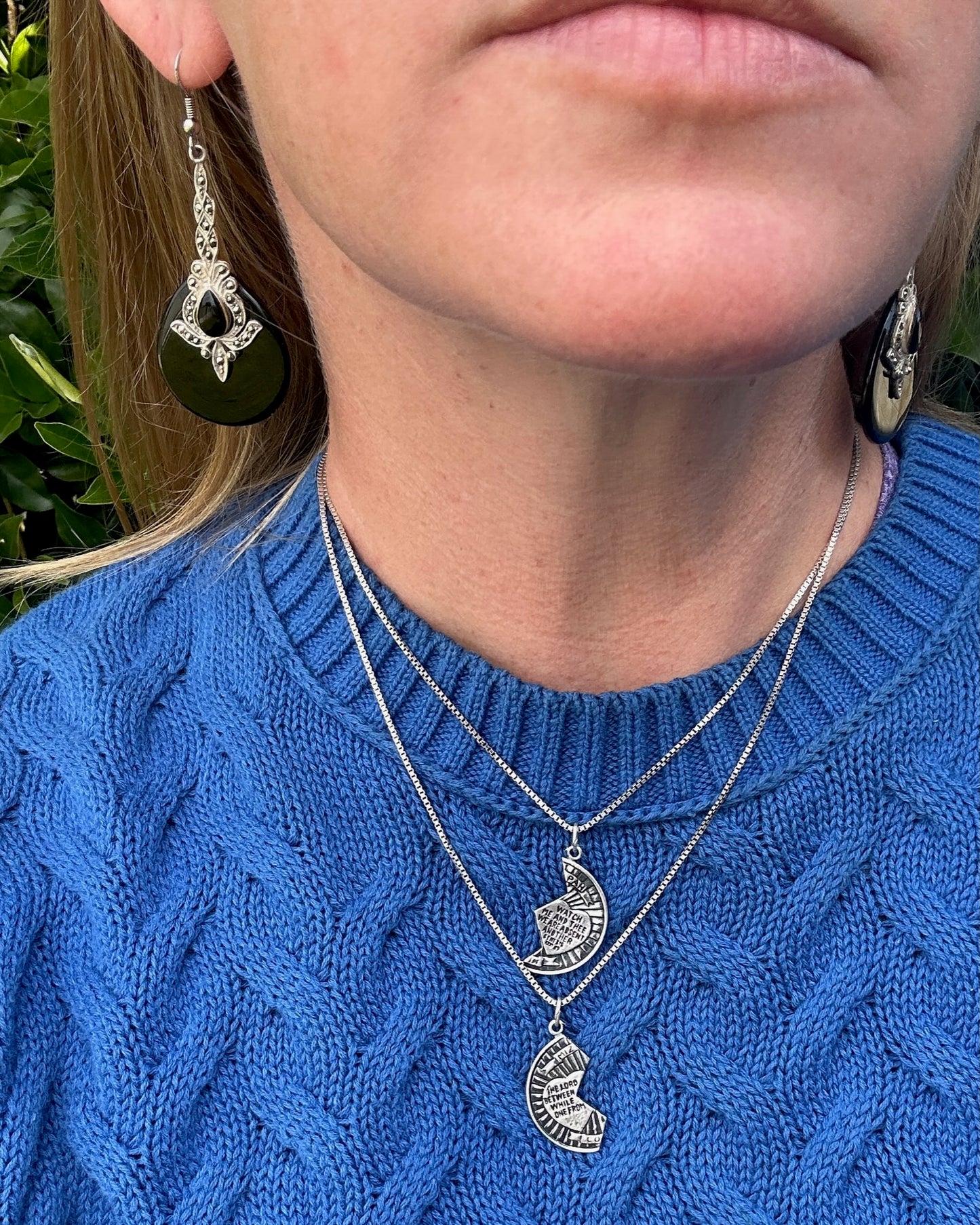 Pair of Vintage Mizpah Pendants on chains, Sterling Silver, 5g (combined) and 7.1g chains