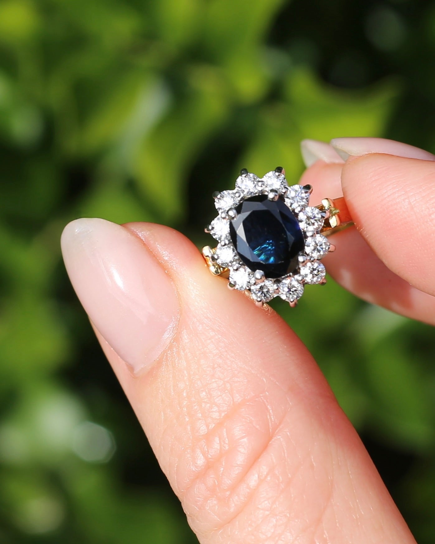 Vintage c1980s Diana Halo, Natural Sapphire and Diamond Halo, 18ct Yellow and White Gold, size P or 7.75 with valuation