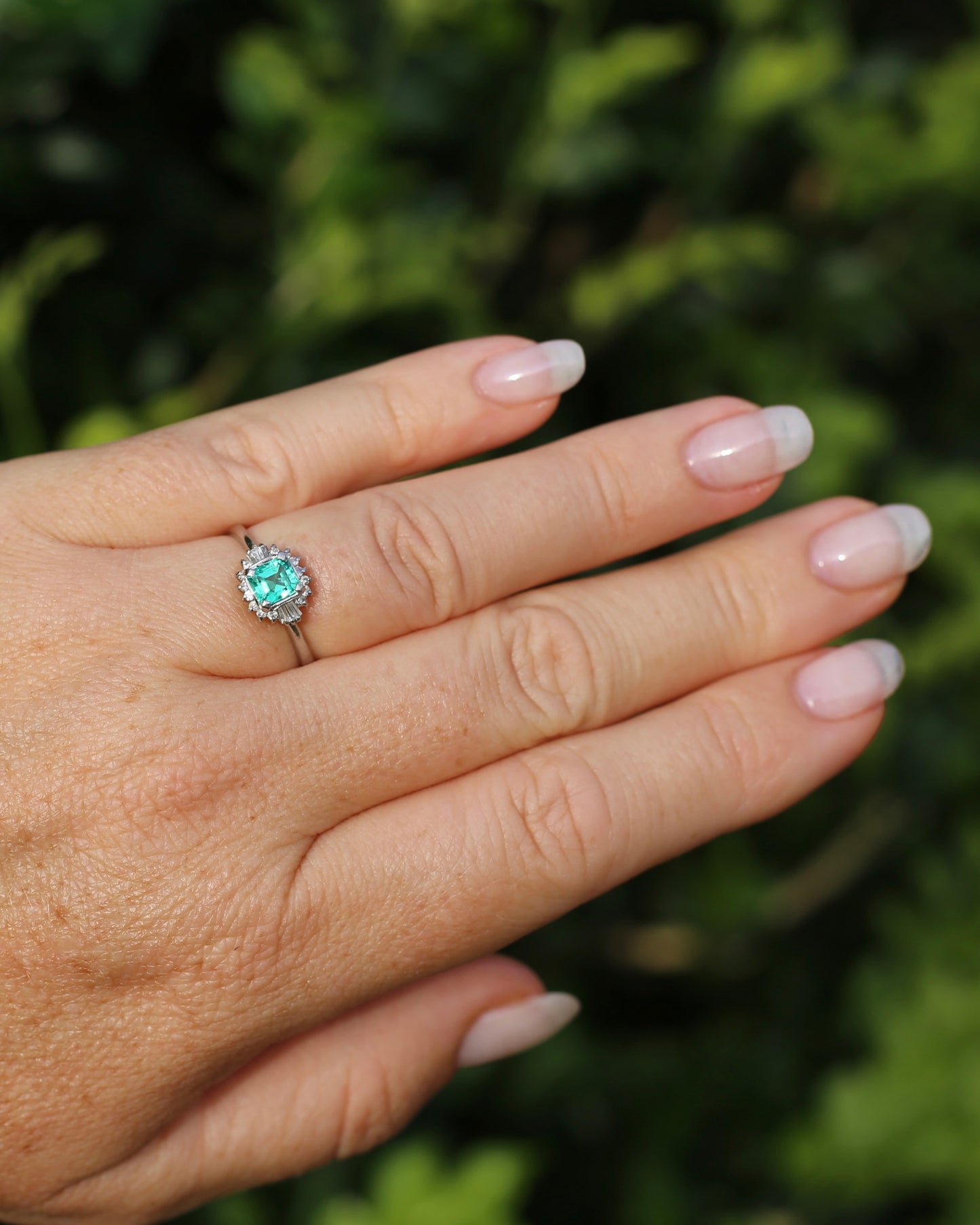 Natural Square Step Cut Emerald and Diamond Baguette Ballerina Skirt, Platinum Ring, size O or 7.25