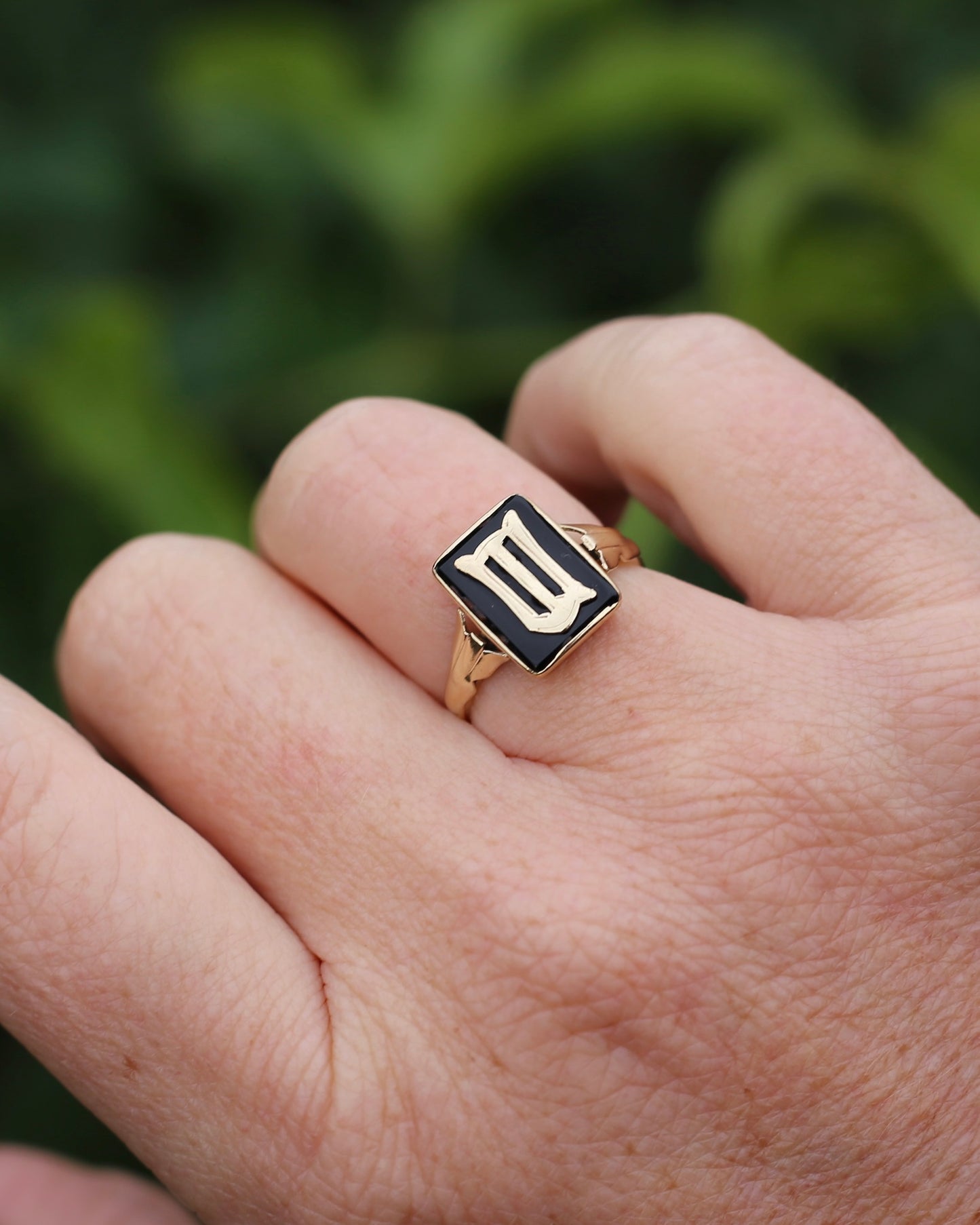 "W/M" Vintage Onyx and 9ct Yellow Gold Signet Ring, 9ct Yellow Gold, size N or 6.75