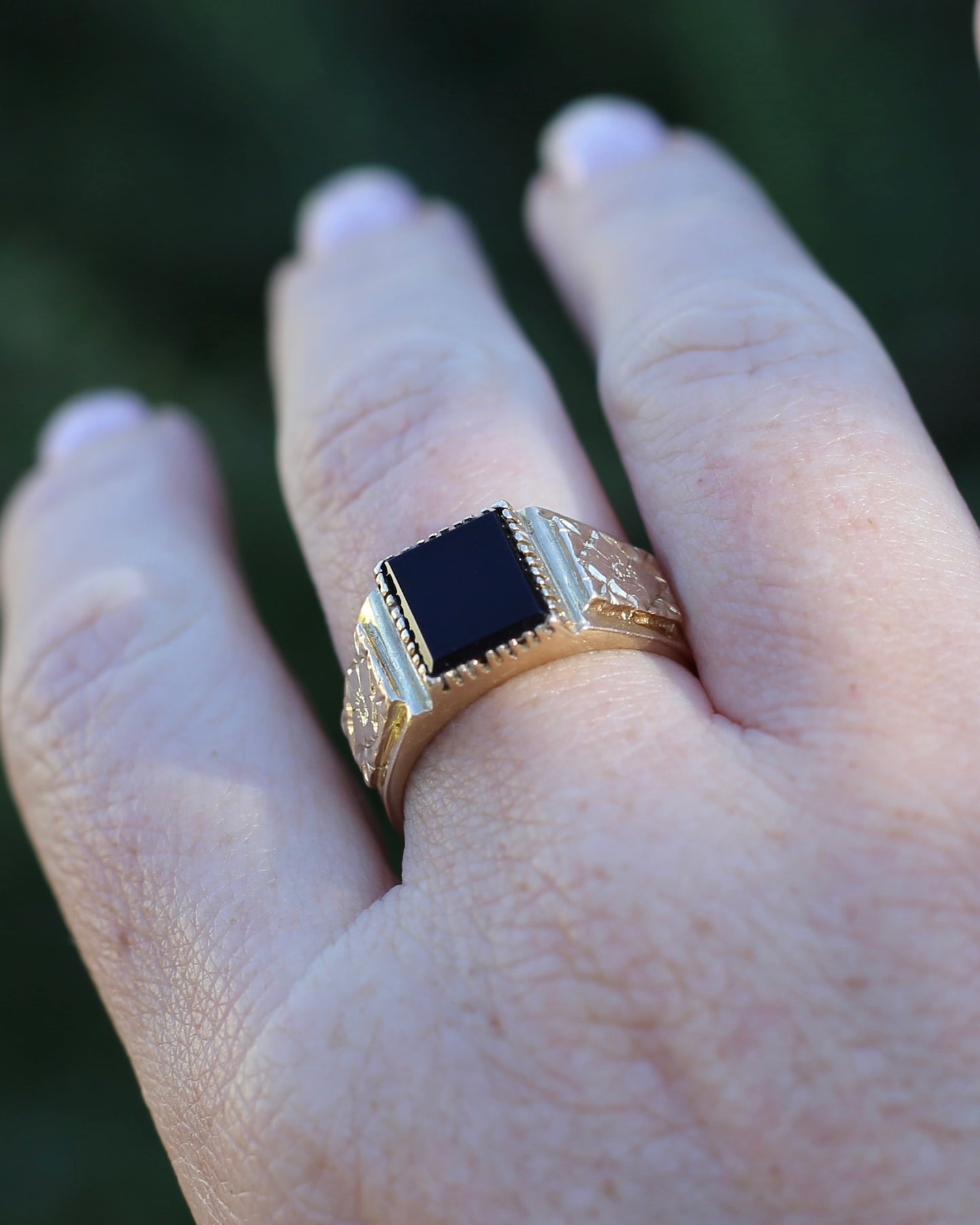 Chunky 1979 Onyx Signet with Floral Shoulders, 9ct Yellow Gold, size 10 or U