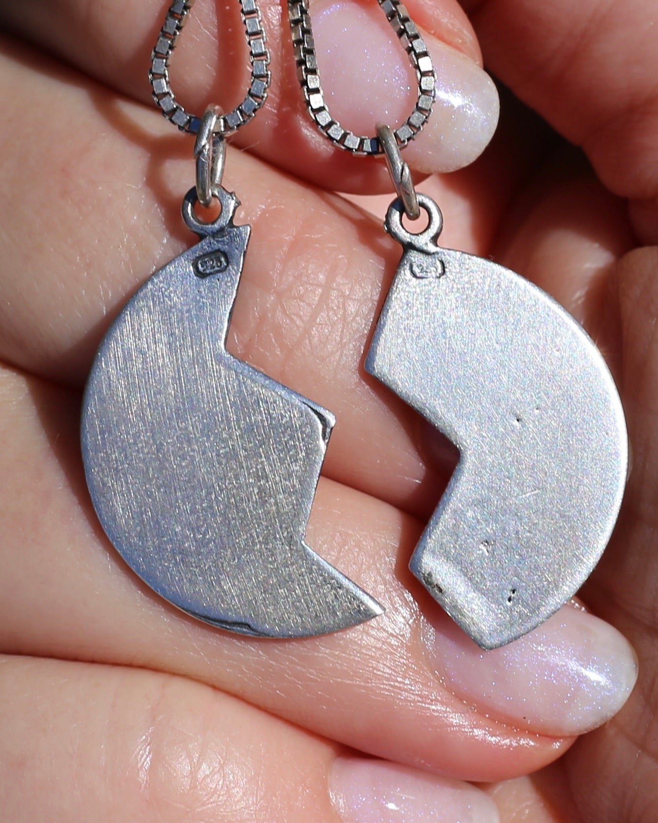 Pair of Vintage Mizpah Pendants on chains, Sterling Silver, 5g (combined) and 7.1g chains