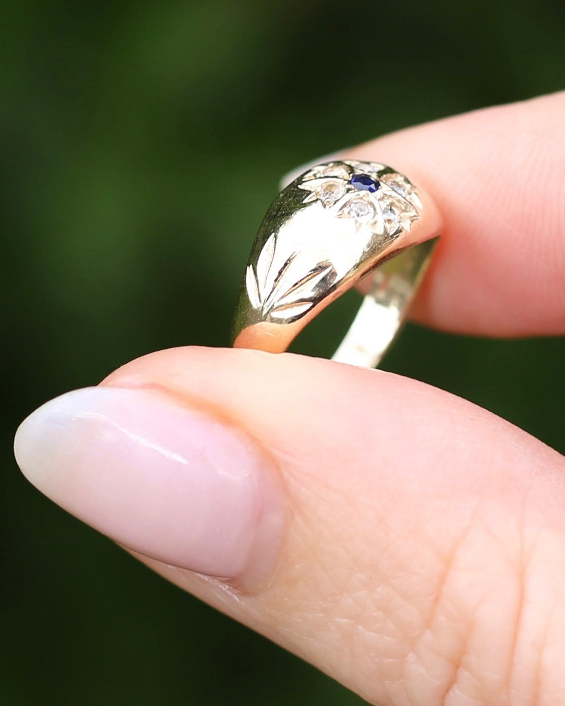 Vintage 1994 Birmingham Made Sapphire and White Stone Floral Cluster in Domed Ring, 9ct Yellow Gold, size J1/2 or 5