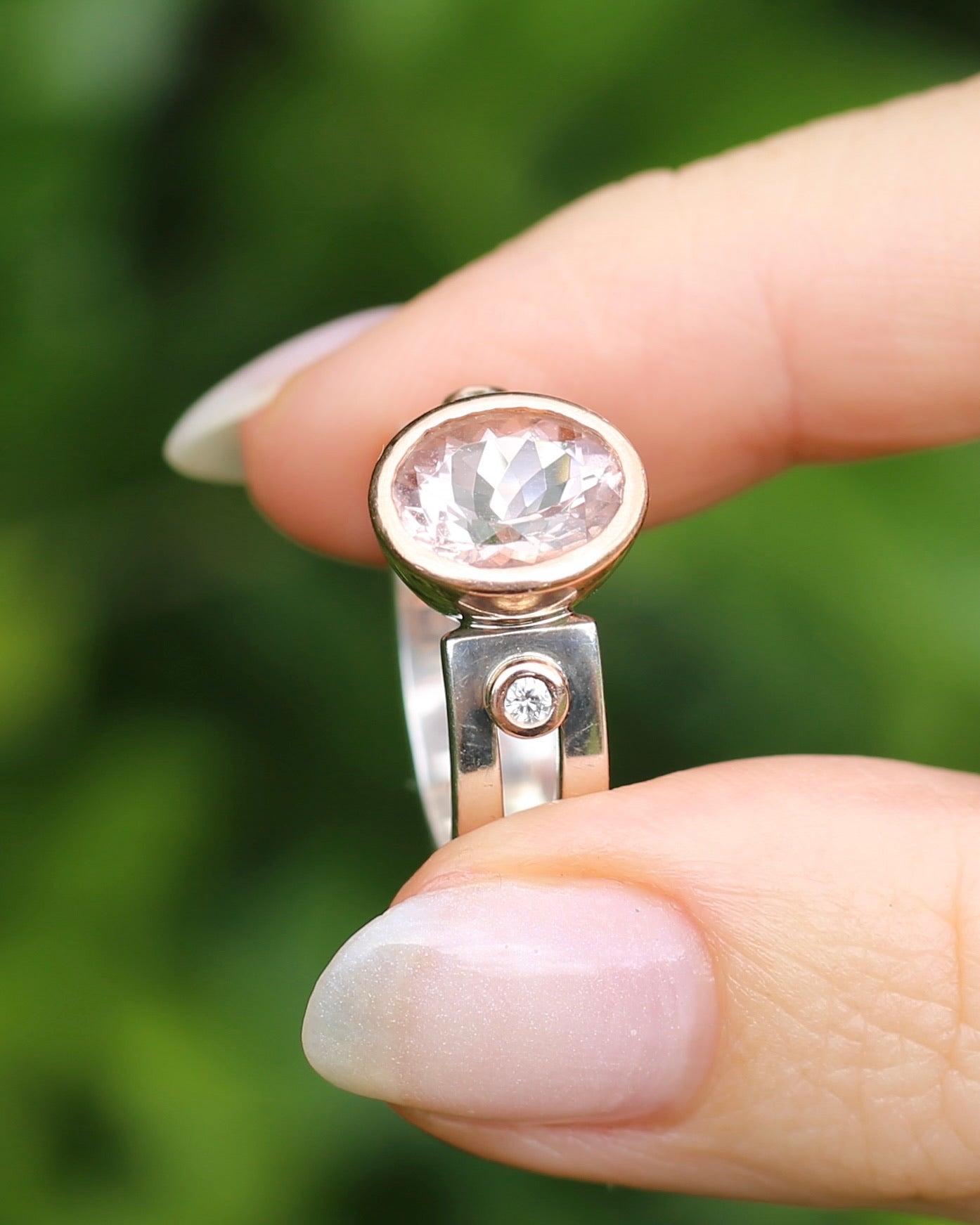 Chunky Bezel Set Morganite and Diamond Ring, 9ct Rose Gold and Silver, size P or 7.5 (fits smaller)