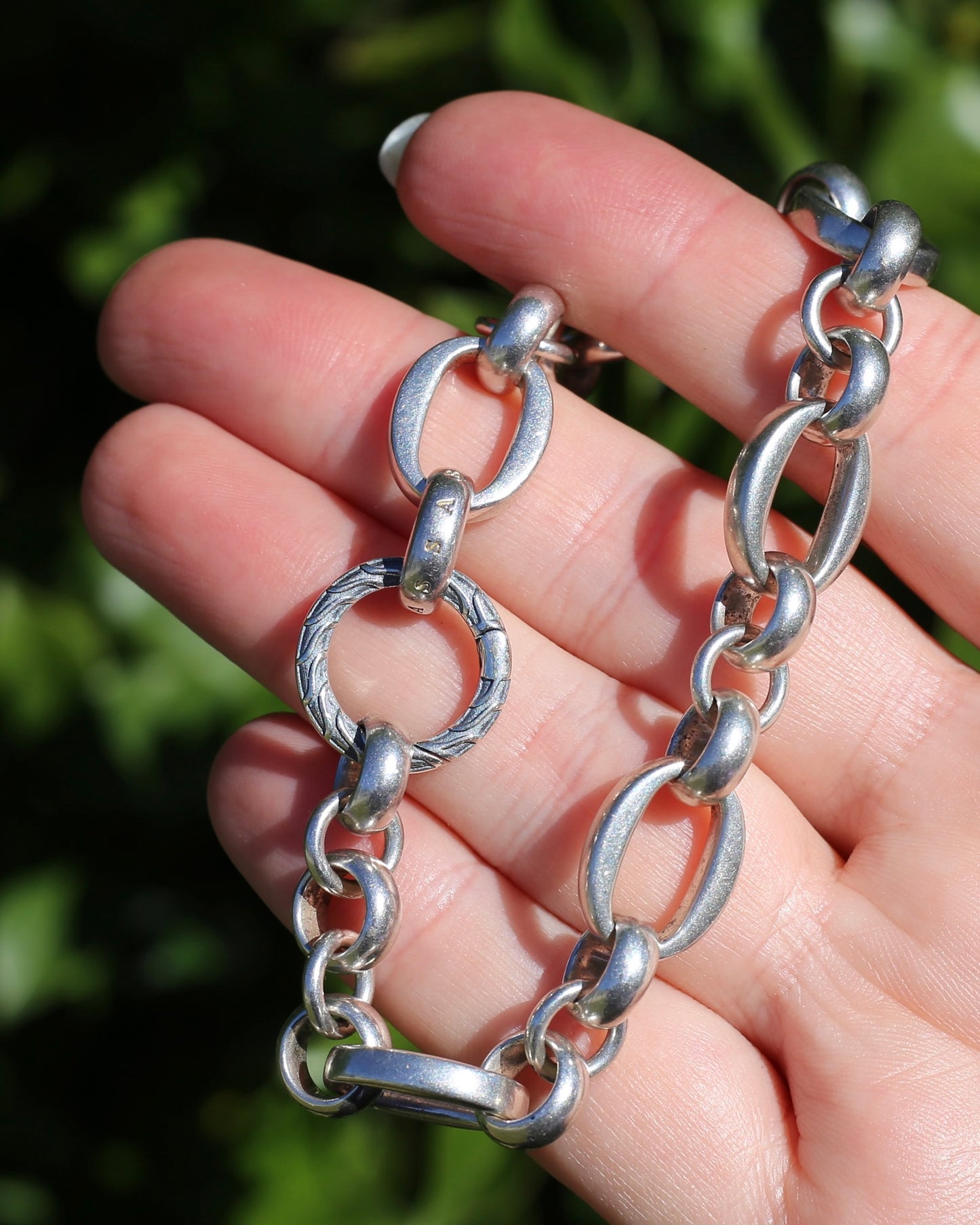 Chunky Oval and Round Linked Bracelet with Fancy Clasp, Sterling Silver, 37.9g