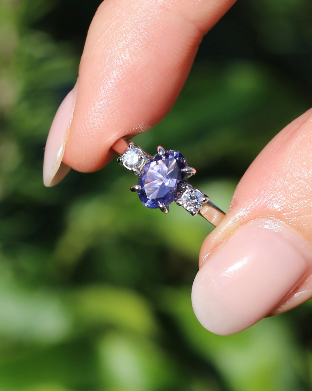 1.05ct Hand Cut Australian Iolite and Diamond Trilogy, 9ct White Gold, Size N or 6.75, 3.05g